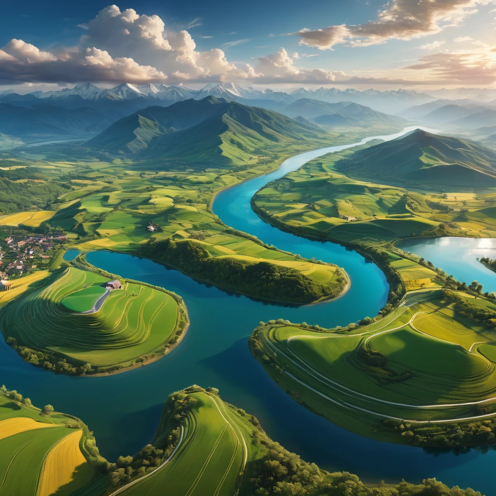 Aerial View, aesthetic, extremely detailed, (best quality,4k,8k,highres,masterpiece:1.2),ultra-detailed,realistic,professional,aerial view,landscape,panoramic view,farmland,rolling hills,majestic mountains,sunlit clouds,vivid colors,soft sunlight,crystal clear river,winding roads,splendid nature,peaceful atmosphere,serene beauty,harmonious composition,strong perspective,distant horizon,impressive depth of field,immersive experience