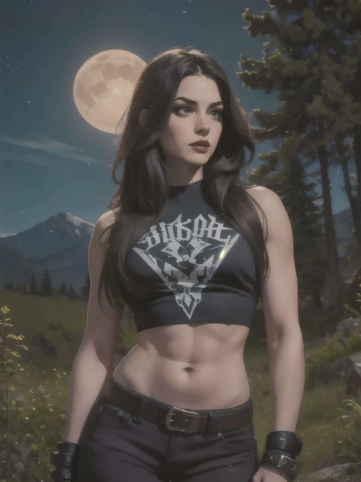 Best Quality,Masterpiece,Ultra High Resolution,(Realisticity:1.4),Original Photo,Cinematic Lighting, 1girl, solo, Metalhead Style girl at night under the moonlight, wearing ripped black pants, black clothes, fit Hot body, heavy metal style, photography, heavy metal concert. realistic, datailed, detailed face, 4K.