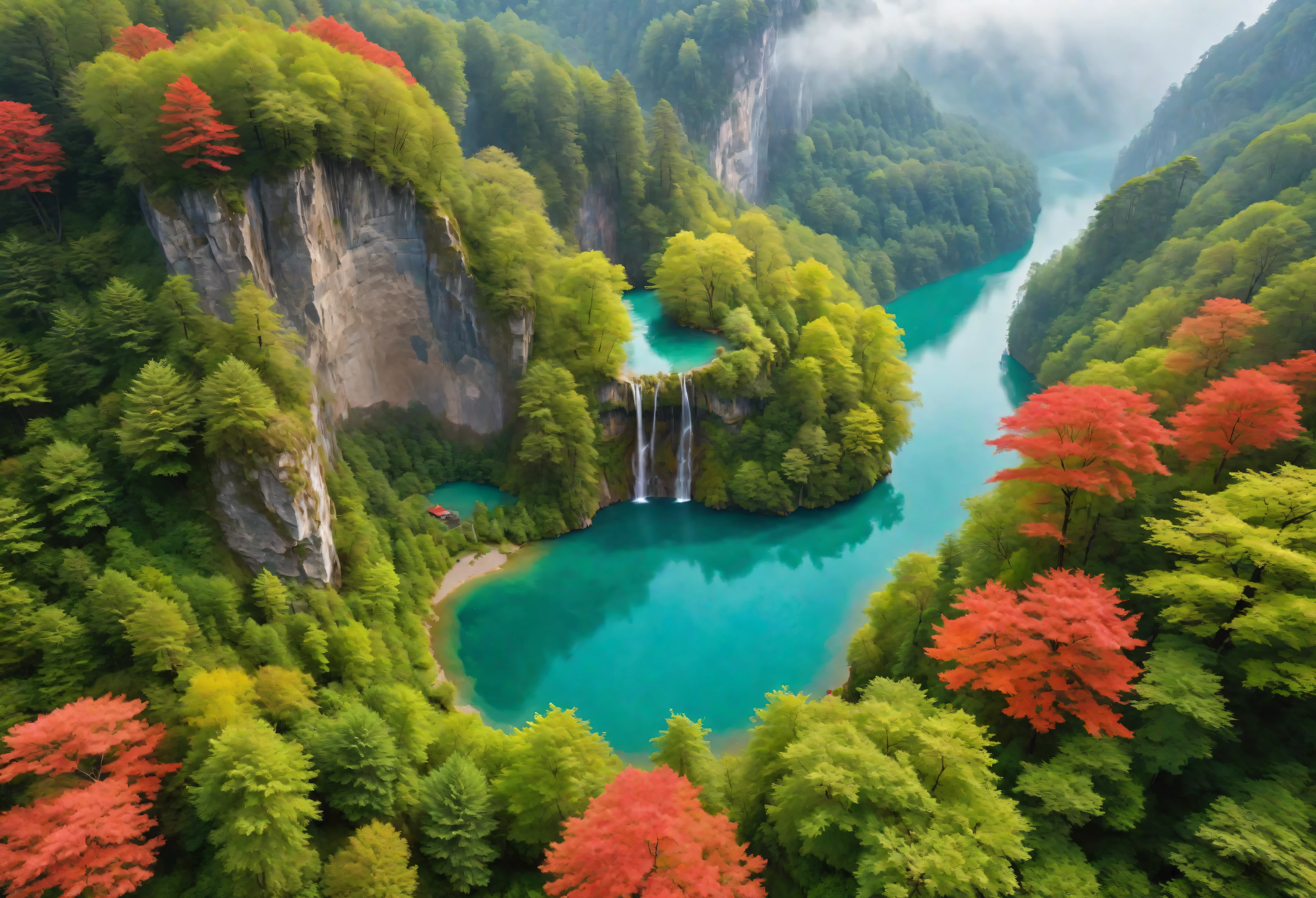 Aerial view of Towering steep and towering secret lake in a cliff, wild forest, forest mists, asymmetric secret lake cliff canyon, ((Aerial view):1.2), ((sense of extreme height):1.1), (waterfall), (mists), Coexistence with the natural environment, magic circle tower, lush wild sakura forest, red maple forest, beautiful landscape, secret lake, extremely detailed, best quality, masterpiece, high resolution, Hyperrealistic, 8K, top-view, high angle view, BlueColor Palette, Minimalism.