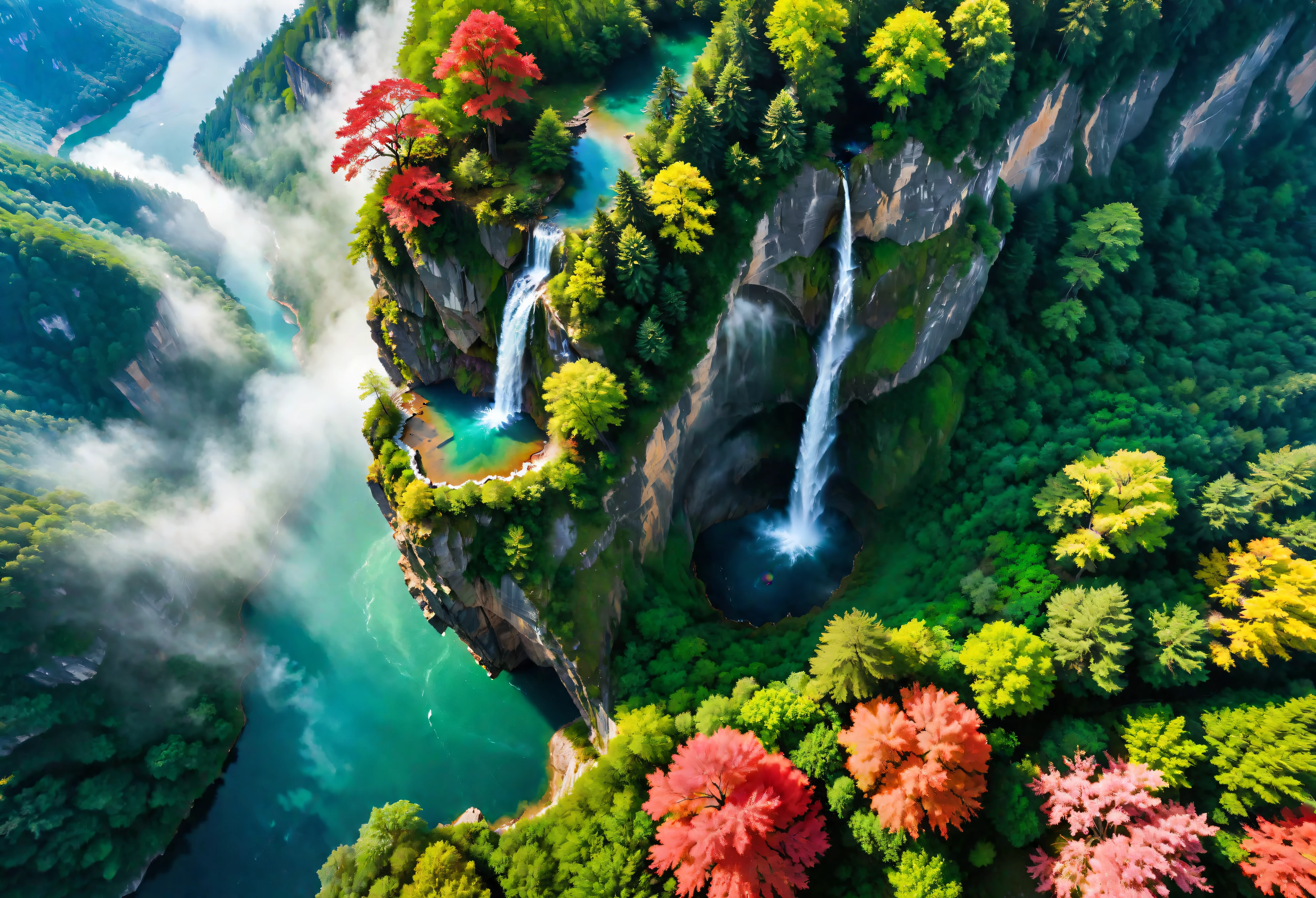 Aerial view of Towering steep and towering secret lake in a cliff, wild forest, forest mists, asymmetric secret lake cliff canyon, ((Aerial view):1.2), ((sense of extreme height):1.1), (waterfall), (mists), Coexistence with the natural environment, magic circle tower, lush wild sakura forest, red maple forest, beautiful landscape, secret lake, extremely detailed, best quality, masterpiece, high resolution, Hyperrealistic, 8K, top-view, high angle view, BlueColor Palette, Minimalism.