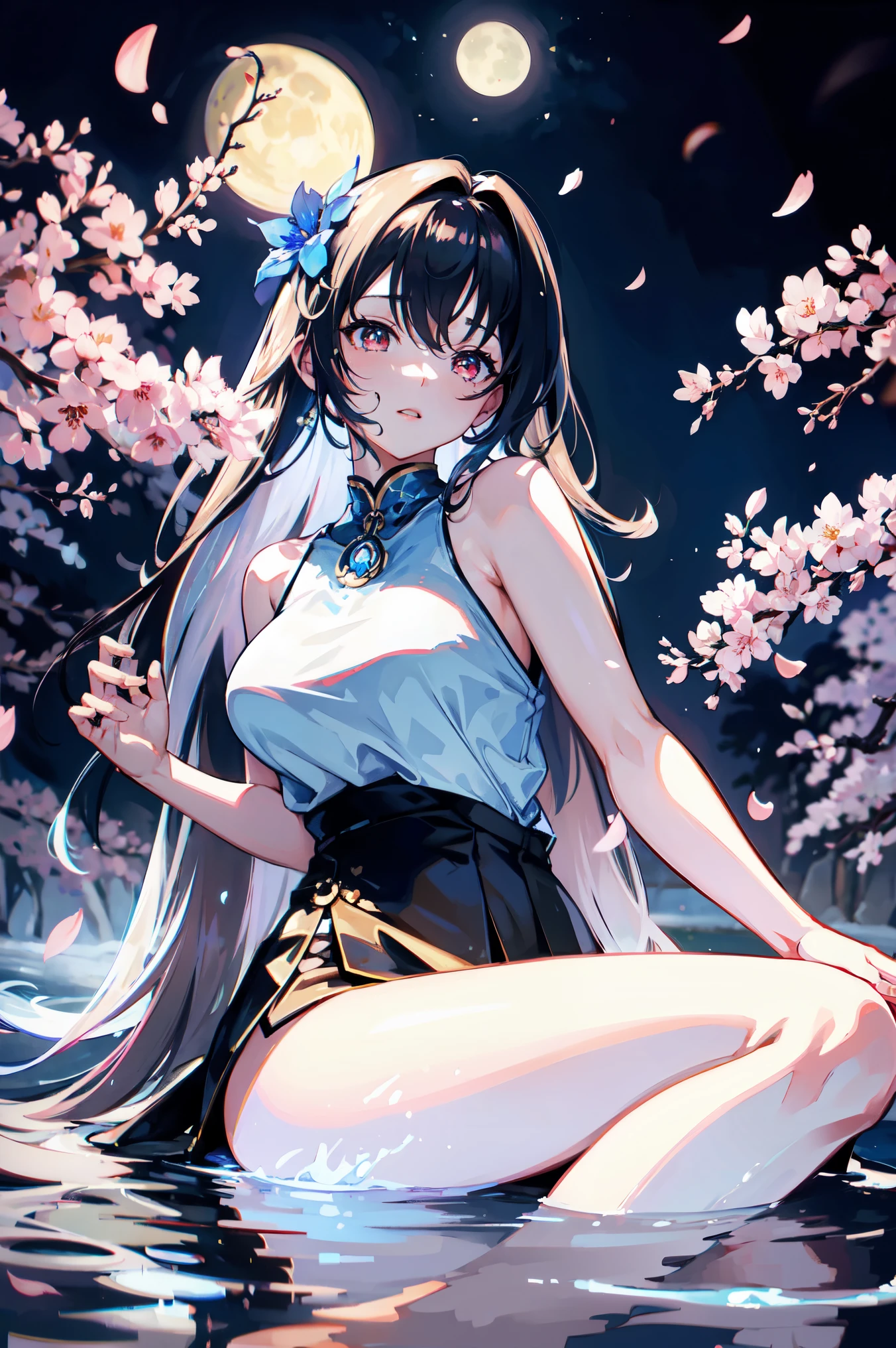 1 female、whole body、bottom angle、brown hair、long hair、well-groomed face、silver hair and blue hair 1:3、dense lips、red eyes、blue one piece、beautiful breasts、slim、mini skirt、cherry blossoms、cherry blossoms吹雪、petal、hot spring town、night、full moon、masterpiece、ultra high resolution、delicate、perfect lighting、sunlight、16K