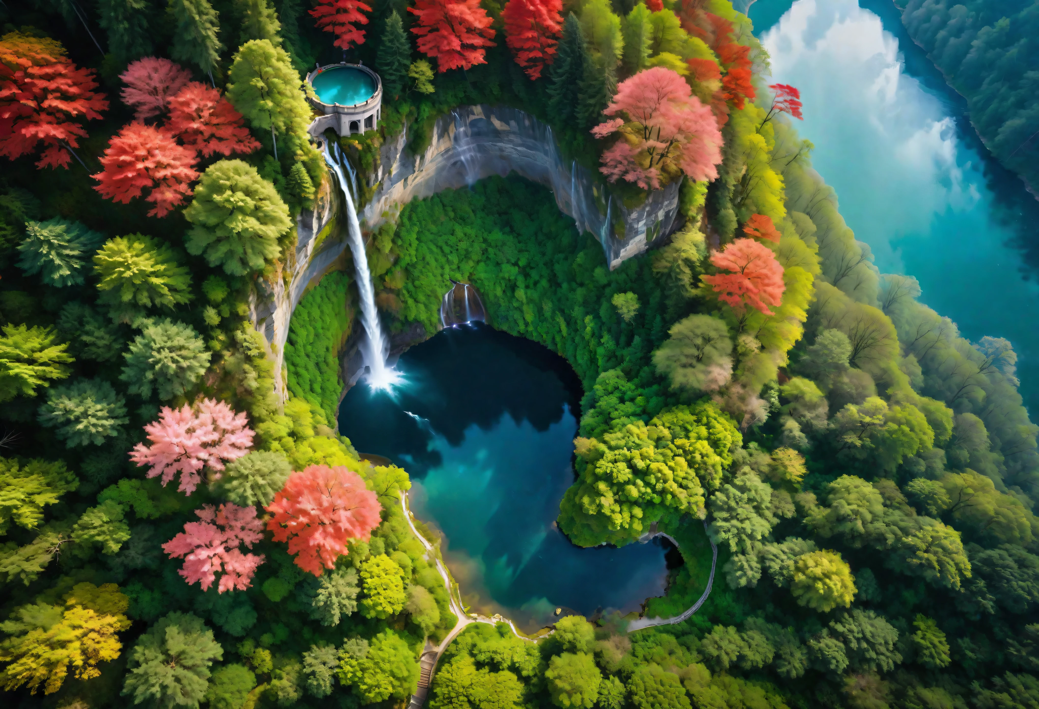 Aerial view of Towering steep and towering secret lake in a cliff, wild forest, forest mists, asymmetric secret lake cliff canyon, ((Aerial view):1.2), ((sense of extreme height):1.1), (waterfall), (mists), Coexistence with the natural environment, magic circle tower, lush wild sakura forest, red maple forest, beautiful landscape, secret lake, extremely detailed, best quality, masterpiece, high resolution, Hyperrealistic, 8K, top-view, high angle view, BlueColor Palette, Minimalism.