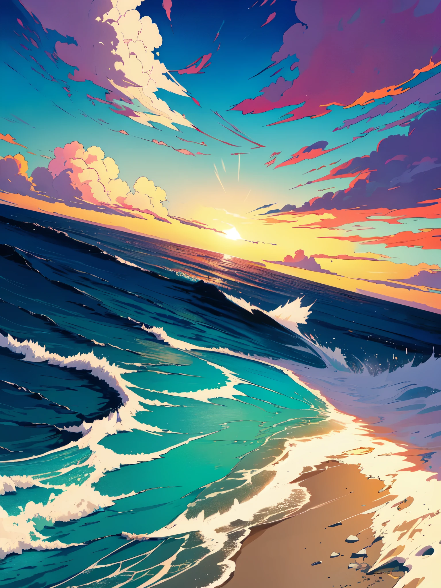 (masterpiece, high quality, beautiful graphics, high detail), (null), (cloud), soft lighting, pretty background, beautiful scenery, (One girl walking on the beach,blonde short hair、Short-sleeved white one-piece skirt、両手をnullに向かって広げている、Large white wings grow on the back) spectacular scenery, Ocean岸, 夏null, 飛行機cloud, (warm midsummer sunshine、Ocean、青null)、beautiful anime