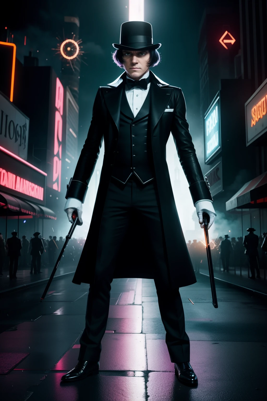 Alex DeLarge, the notorious character from A Clockwork Orange, clad in his distinctive droog attire – a black bowler hat, long-sleeved white shirts adorned with cufflinks, white trousers held up by suspenders, and black boots – stands tall above the futuristic steampunk city. Electric sparks dance and crackle around him in abundance, illuminating the complex machinery and dark, gritty environment (lots of electric sparks:1.2).
This striking scene is captured with precision by a skilled photographer using the Sony Alpha 7S III (A75 III) camera. The medium shot allows for an intriguing, hyper