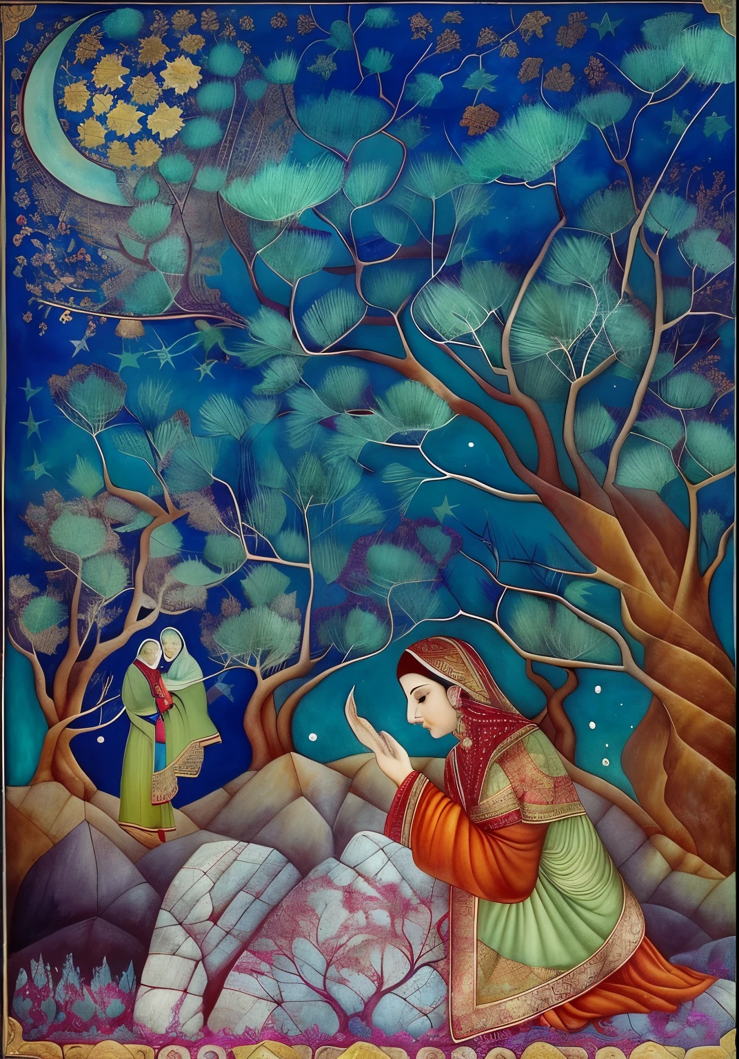 painting of a woman kneeling on a rock with a  in the background, persian folktale artstyle, by Sohrab Sepehri, by Abdullah Gërguri, by Taravat Jalali Farahani, persian folktale art style, by John Moonan, by Mahmoud Farshchian, by Lubna Agha