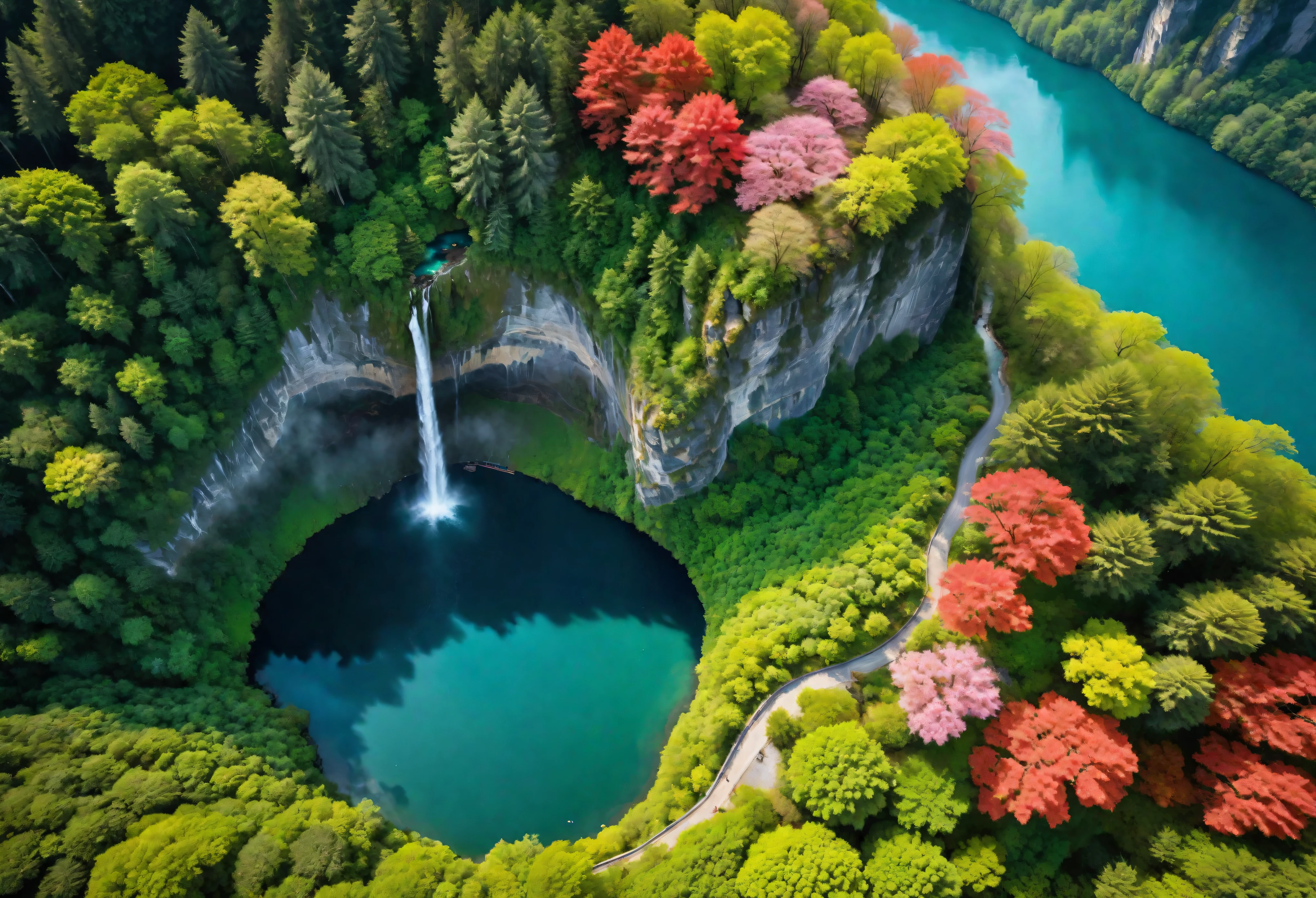 Aerial view of Towering steep and towering secret lake in a cliff, wild forest, forest mists, asymmetric secret lake cliff canyon, ((Aerial view):1.2), ((sense of extreme height):1.1), (waterfall), (mists), Coexistence with the natural environment, magic circle tower, lush wild sakura forest, red maple forest, beautiful landscape, secret lake, extremely detailed, best quality, masterpiece, high resolution, Hyperrealistic, 8K, top-view, high angle view, BlueColor Palette, Minimalism.