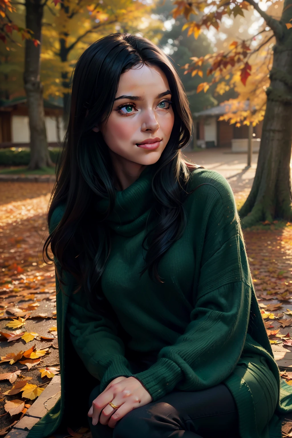 A young girl with long, dark green and black shining hair wears a cute sweater. Her castanho and radiant eyes capture the viewer's attention. (Best quality, Ultra detailed: 1.1), HDR, vibrant colors, adorable girl, cozy setting, warm atmosphere, autumnal palette, soft focus, (intricate details on hair: 0.8), close-up view, (photorealistic: 1.3), autumn leaves falling gently around, (volumetric light: 0.9), outdoor scene, casually sitting, wrapped in a blanket, (smiling gently: 0.5), compositional balance, nature's beauty