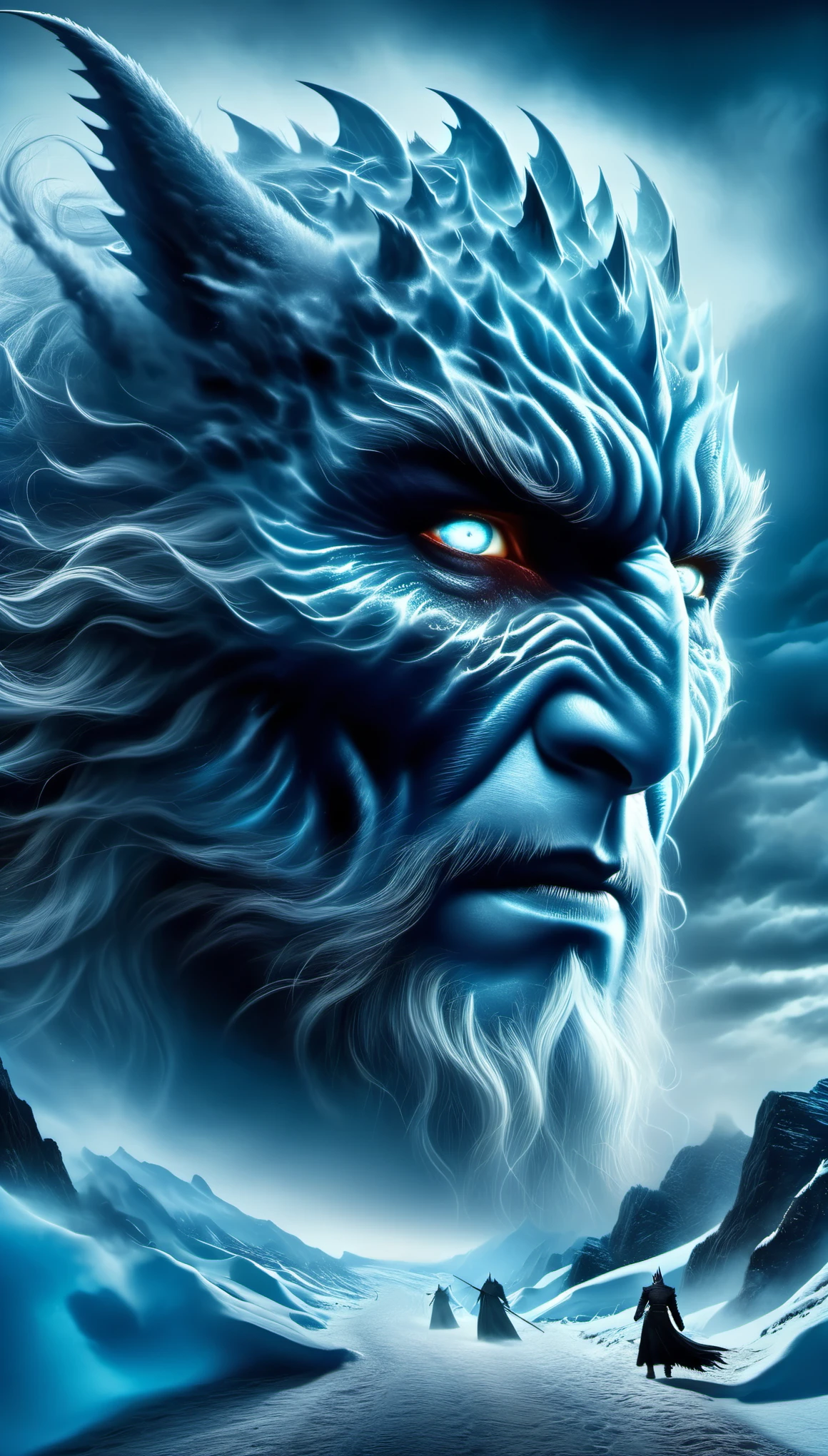 role conception,portrait,The appearance of the Night King is full of mystery、Cold and strong sense of power,The appearance of the Night King is very unique。His face is like a withered bone,Gives people a dead and cold feeling。His figure is like a long sword,Tall and straight,Revealing a kind of majesty and strength。His skin is whiter than milk,In stark contrast to his overall image。 The Night King's eyes are deep blue,Burning coldly like black ice,It gives an unfathomable feeling。There was a kind of coldness and cruelty in his eyes,suddenly white as fresh snow,Suddenly dark as a long night,Like the ever-changing night sky。The body is dotted with the deep gray green of the foreseems to be telling his mystery and power, (The huge sword in the hand of the Night King emits a strange faint blue light),A light that seems to shine in the darkness。In a fight,His weapons make sounds like animal wails that exceed the limits of human hearing.,It's scary。When the Night King Meets His Nemesis Dragonglass,He will bleed blue blood,This is one of his unique physical characteristics。《game of Thrones》Great Wall of China,one(Cliffs made entirely of ice and snow stretch for dozens of miles.:0.85),digitally rendered,Standing tall,become a strong barrier,(The Great Wall separates the Night's Watch from the White Walkers.),(Lots and lots of Night's Watch and armies of White Walkers),background:The wind is cold、Blizzard-raging environment,Create a sense of foreboding and danger。