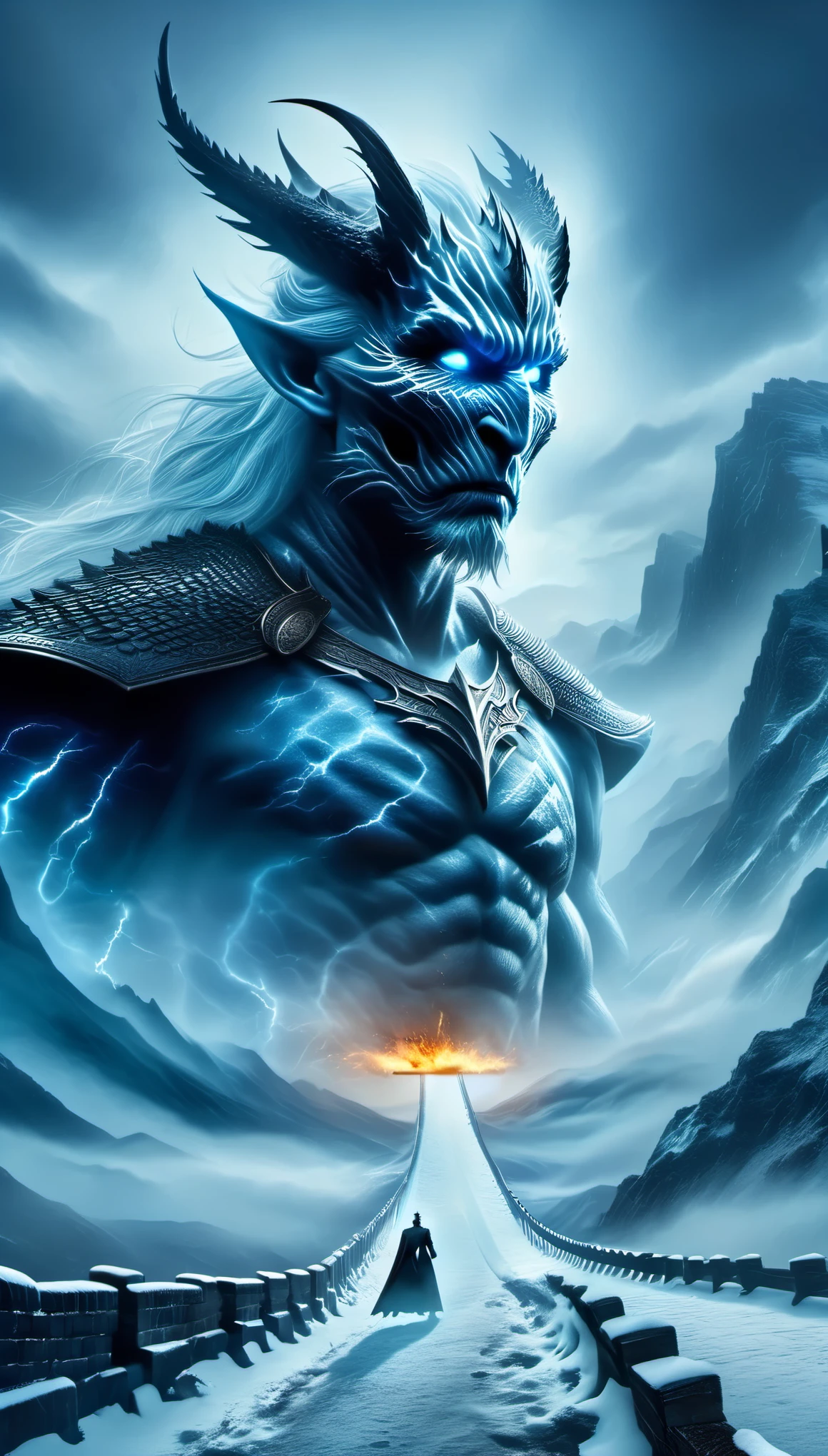role conception,portrait,The appearance of the Night King is full of mystery、Cold and strong sense of power,The appearance of the Night King is very unique。His face is like a withered bone,Gives people a dead and cold feeling。His figure is like a long sword,Tall and straight,Revealing a kind of majesty and strength。His skin is whiter than milk,In stark contrast to his overall image。 The Night King's eyes are deep blue,Burning coldly like black ice,It gives an unfathomable feeling。There was a kind of coldness and cruelty in his eyes,suddenly white as fresh snow,Suddenly dark as a long night,Like the ever-changing night sky。The body is dotted with the deep gray green of the foreseems to be telling his mystery and power, (The huge sword in the hand of the Night King emits a strange faint blue light),A light that seems to shine in the darkness。In a fight,His weapons make sounds like animal wails that exceed the limits of human hearing.,It's scary。When the Night King Meets His Nemesis Dragonglass,He will bleed blue blood,This is one of his unique physical characteristics。《game of Thrones》Great Wall of China,one(Cliffs made entirely of ice and snow stretch for dozens of miles.:0.85),digitally rendered,Standing tall,become a strong barrier,(The Great Wall separates the Night's Watch from the White Walkers.),(Lots and lots of Night's Watch and armies of White Walkers),background:The wind is cold、Blizzard-raging environment,Create a sense of foreboding and danger。