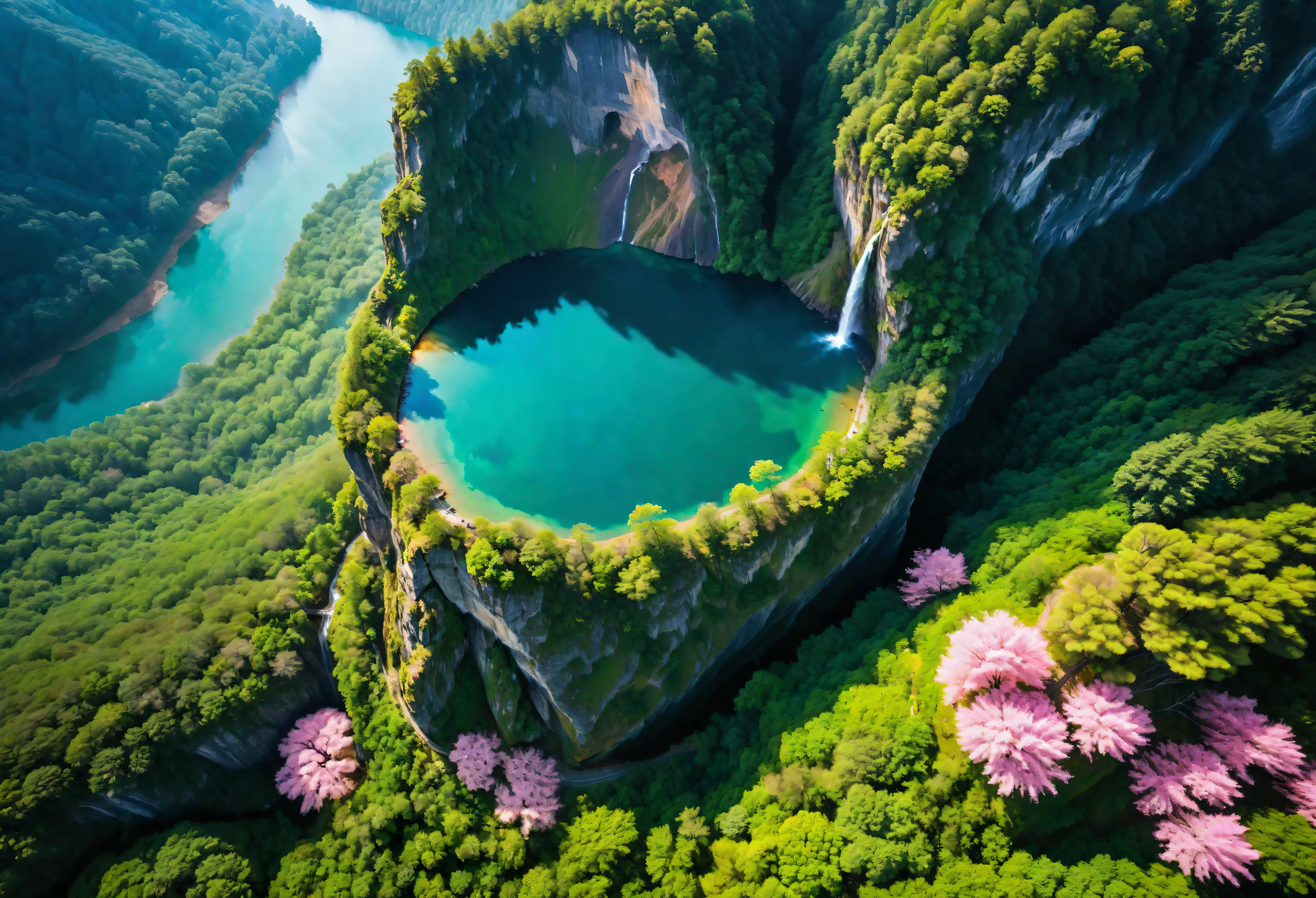 Aerial view of Towering steep and towering secret lake in a cliff, wild forest, magical mist, asymmetric secret lake cliff canyon, ((Aerial view):1.2), ((sense of extreme height):1.1), (waterfall), (mists), Coexistence with the natural environment, magic circle tower, lush wild sakura forest, beautiful landscape, secret lake, extremely detailed, best quality, masterpiece, high resolution, Hyperrealistic, 8K, top-view, high angle view, BlueColor Palette, Minimalism.