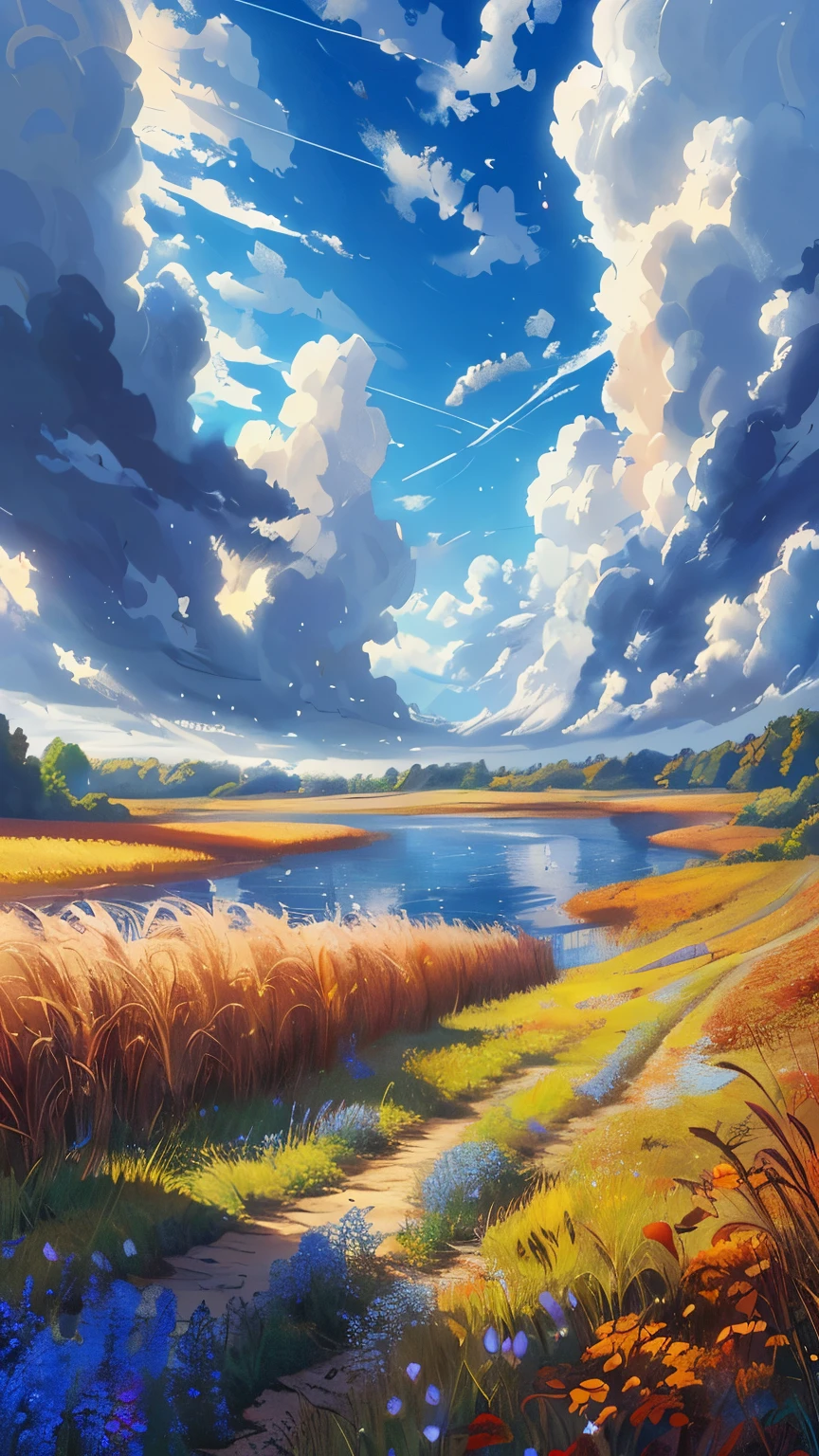 Draw an anime scene of fields near river,There are reeds on the shore,Autumn landscape, lofi, blue cloudy vast sky,vibrant colors, wild flowers, windy, peaceful environment