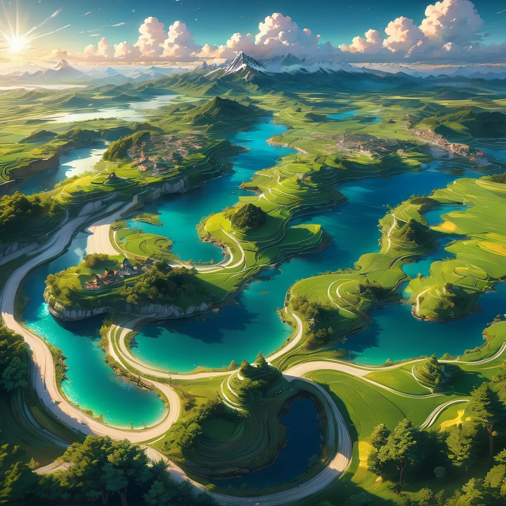 Aerial View, aesthetic, extremely detailed, (best quality,4k,8k,highres,masterpiece:1.2),ultra-detailed,realistic,professional,aerial view,landscape,panoramic view,farmland,rolling hills,majestic mountains,sunlit clouds,vivid colors,soft sunlight,crystal clear river,winding roads,splendid nature,peaceful atmosphere,serene beauty,harmonious composition,strong perspective,distant horizon,impressive depth of field,immersive experience