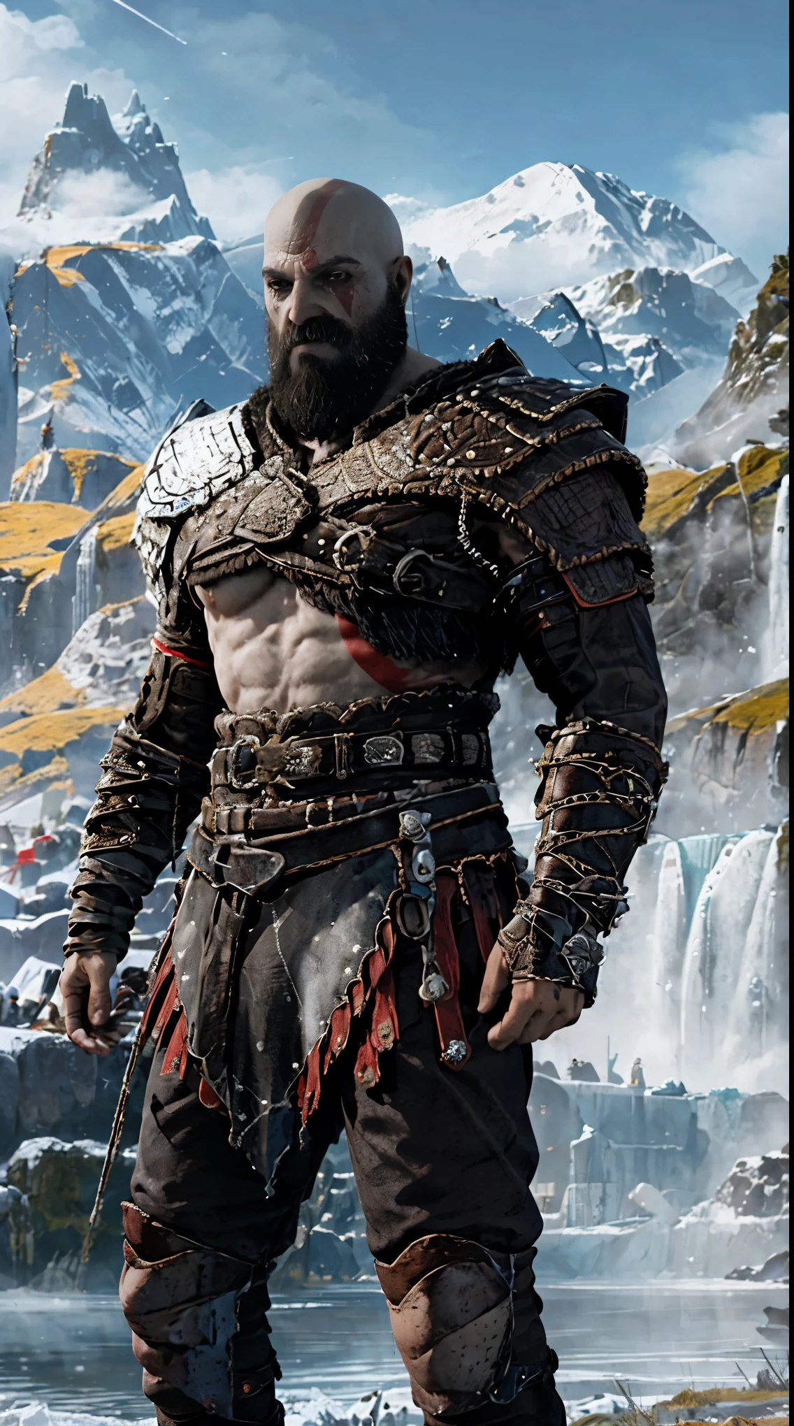(Obra maestra, Mejor calidad, detallado:1.2),  kratosGOW_alma3142, cold face, pantalones cortos de metal, mountain, marina, nubes, 1 chico, scar, barba, realista, calvo, Armadura, Leviathan Ax, tiro en la parte superior del cuerpo