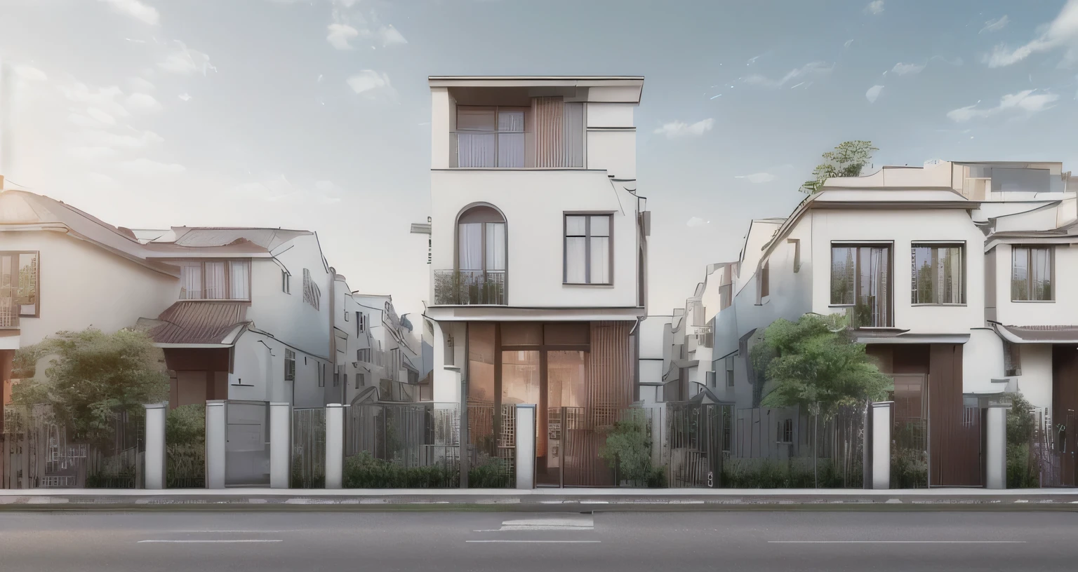 ( Townhouse in city, close houses and trees), daylight ( best quality ) (( high solution )), (( photo realistic)), Warm light, ( sharp focont view of townhouse in style of moder, small house, Narrow area, Viet Nam, façade, curved, becautiful façade, curved windown, narrow and long, tow – storey, mutual colours, softlighting, warm atomosphere, high resolution, hyper detailed,4k ,vray render , octane render, hyperrealistic, photography, exterior design, professional photography, exterior photography, Wide – angle shot, ultra detail, high resolution,full frame, full body.