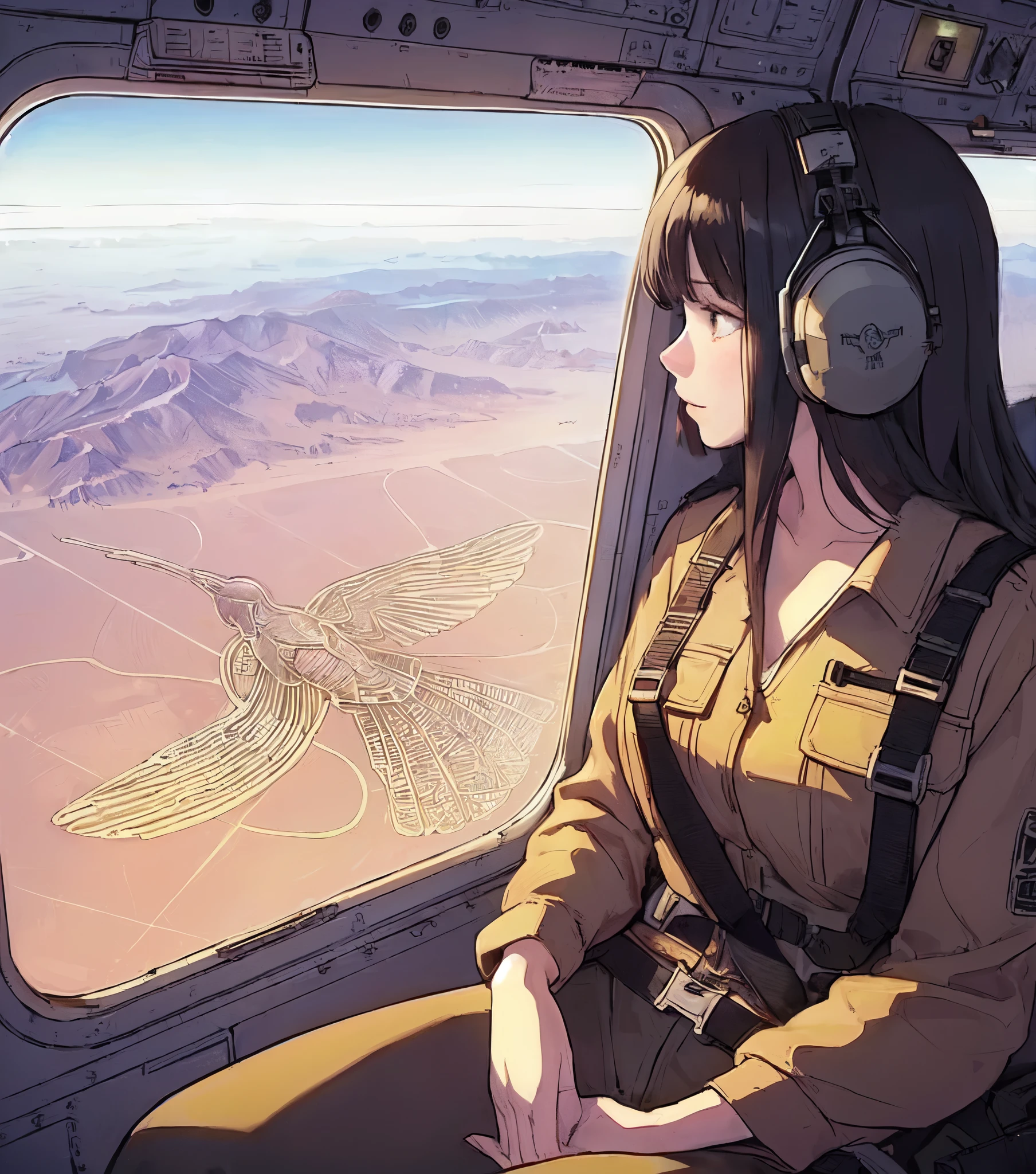 1lady solo, profile, sitting, (from side), (from above), (looking down at ground painting), (stylish calm outfit), mature female, /(light brown hair/) bangs, (headphone), light smile, (masterpiece best quality:1.2) delicate illustration ultra-detailed, large breasts, (wearing seatbelt) BREAK ((Geoglyph of hummingbird:1.2) spread out below), (geometric pattern) (simple lines), (Nazca Lines:1.2) BREAK (helicopter seat) indoors, window, (Geoglyph), desert, detailed background