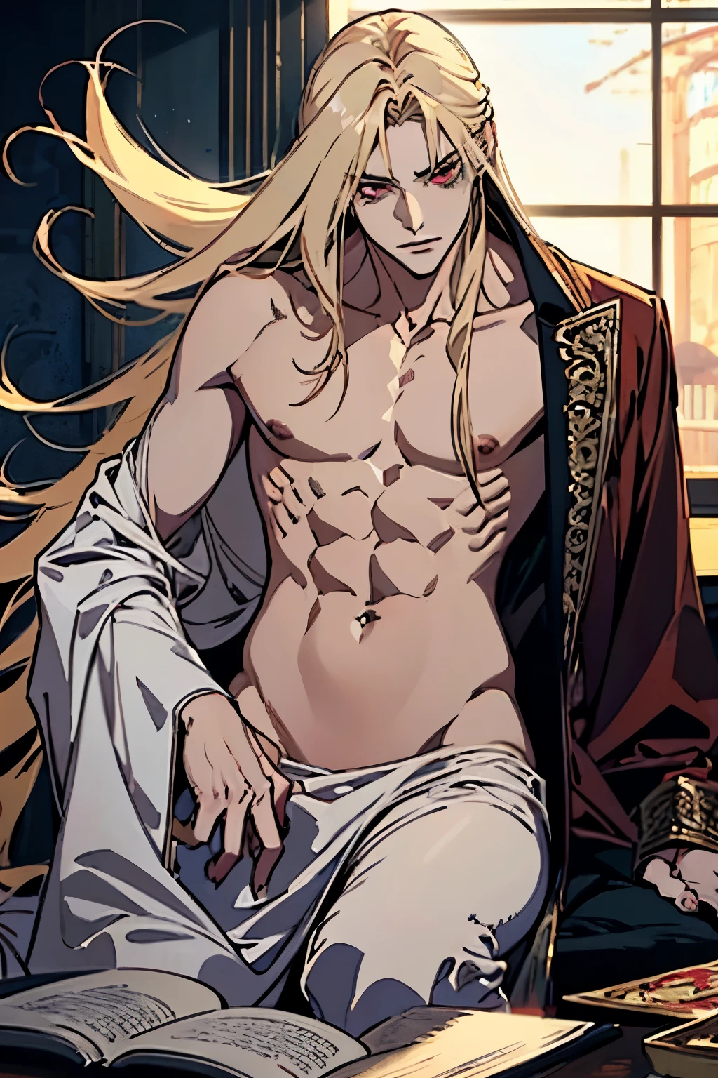 anime, men ALONE, one man with long blonde hair, alucard, castelvania, beautiful androgynous prince, magical blond prince, delicate androgynous prince, handsome male vampire, detailed 30 year old male face, casimir art, anime handsome man, key anime art, vampire, male vampire, red eyes, sexy, attractive, full body, tongle, NO clothes, NO shirt, nudity, nude, naked, penis