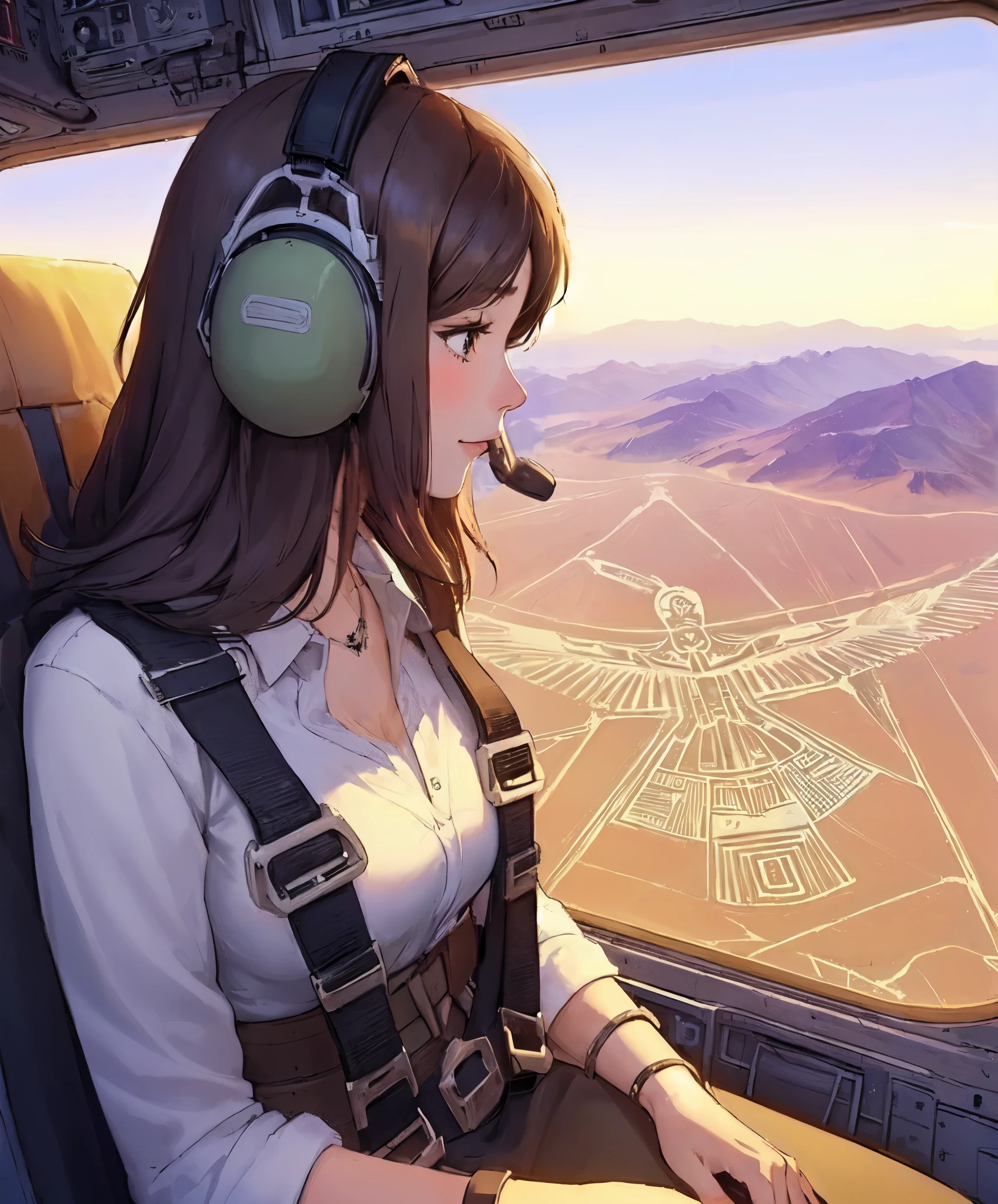 1lady solo, profile, sitting, (from side), (from above), (looking down at ground painting), (stylish calm outfit), mature female, /(brown hair/) bangs, (headphone), (light smile:0.8), (masterpiece best quality:1.2) delicate illustration ultra-detailed, large breasts, (wearing seatbelt) BREAK ((Geoglyph of hummingbird:1.2) spread out below), (geometric pattern) (simple lines), (Nazca Lines:1.2) BREAK (helicopter seat) indoors, window, (Geoglyph), desert, detailed background
