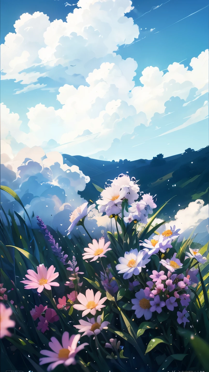 Summer, grass, a few small flowers, large clouds, blue sky, hot weather, HD detail, wet watermark, hyperdetail, cinematic, surrealism, soft light, deep field focus bokeh, ray tracing, and surrealism. --v6