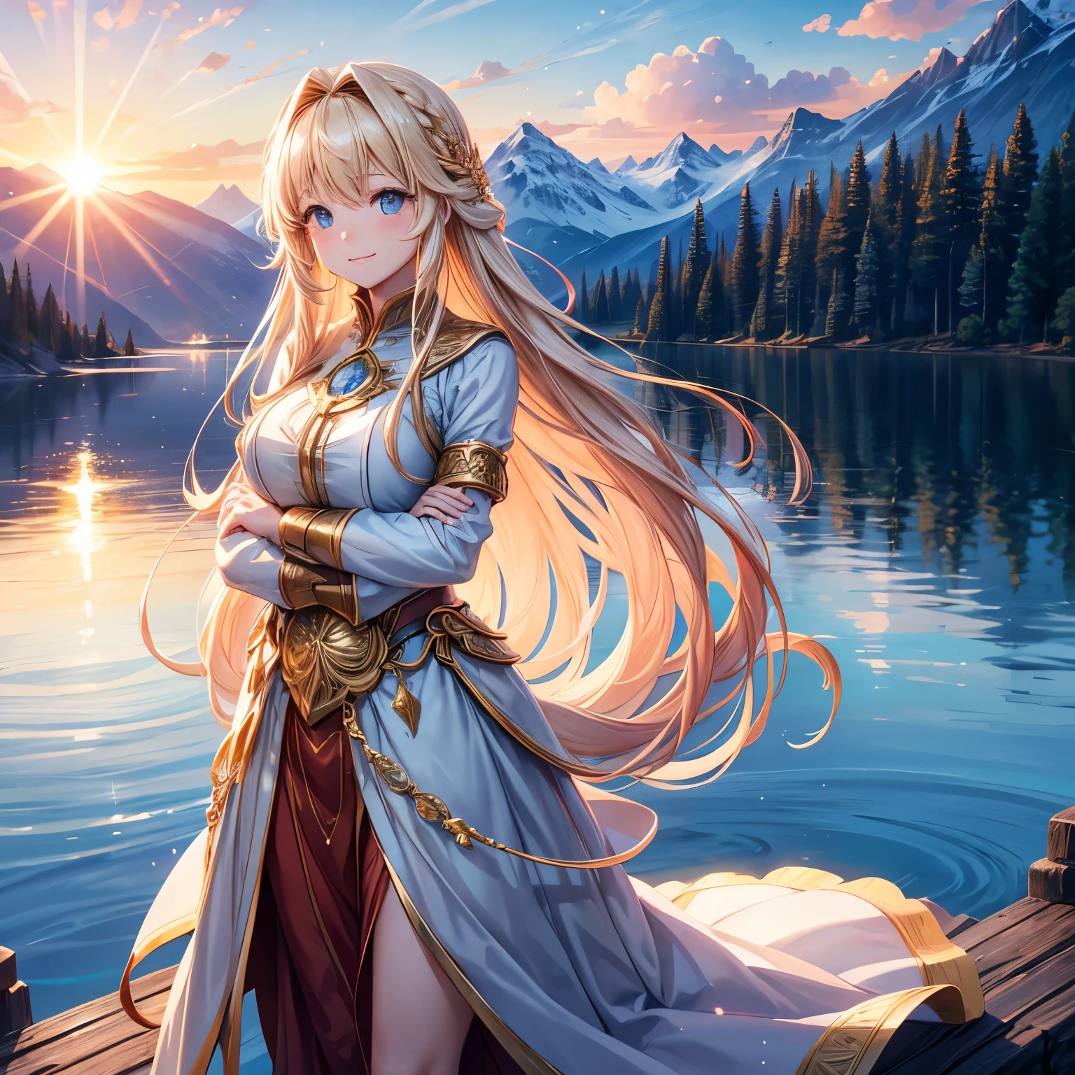 1 girl, happy expression, charming eyes, Long straight hair, flowing skirt, big deal, looking at the sun, calm pose, porcelain skin, subtle blush, Crystal PendantBREAK Golden Hour, (edge lighting): 1.2, cool color, solar flare, Soft shadows, bright colors, Effect, Great atmosphereBREAK Scenic lake, distant mountains, pine, top of mountain, Reflection, clouds illuminated by sunlight, peaceful atmosphere, Idyllic sunrise, Super detailed, official art, unified 8k wallpaper, tangled, mandala