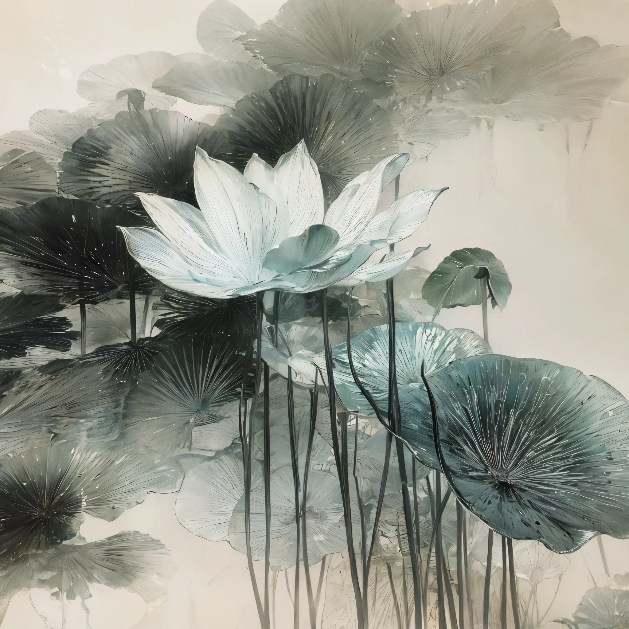 Chinese traditional ink painting,black lotus,lotus leaf,glass texture、Translucent,Spectral light, 渐变半Transparent glass熔体, Caustics, Transparent glass