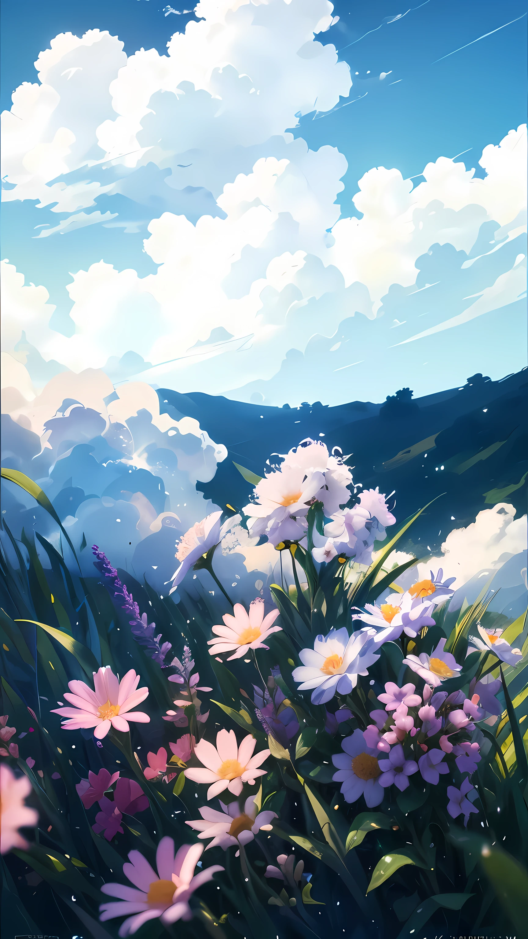 Summer, grass, a few small flowers, large clouds, blue sky, hot weather, HD detail, wet watermark, hyperdetail, cinematic, surrealism, soft light, deep field focus bokeh, ray tracing, and surrealism. --v6