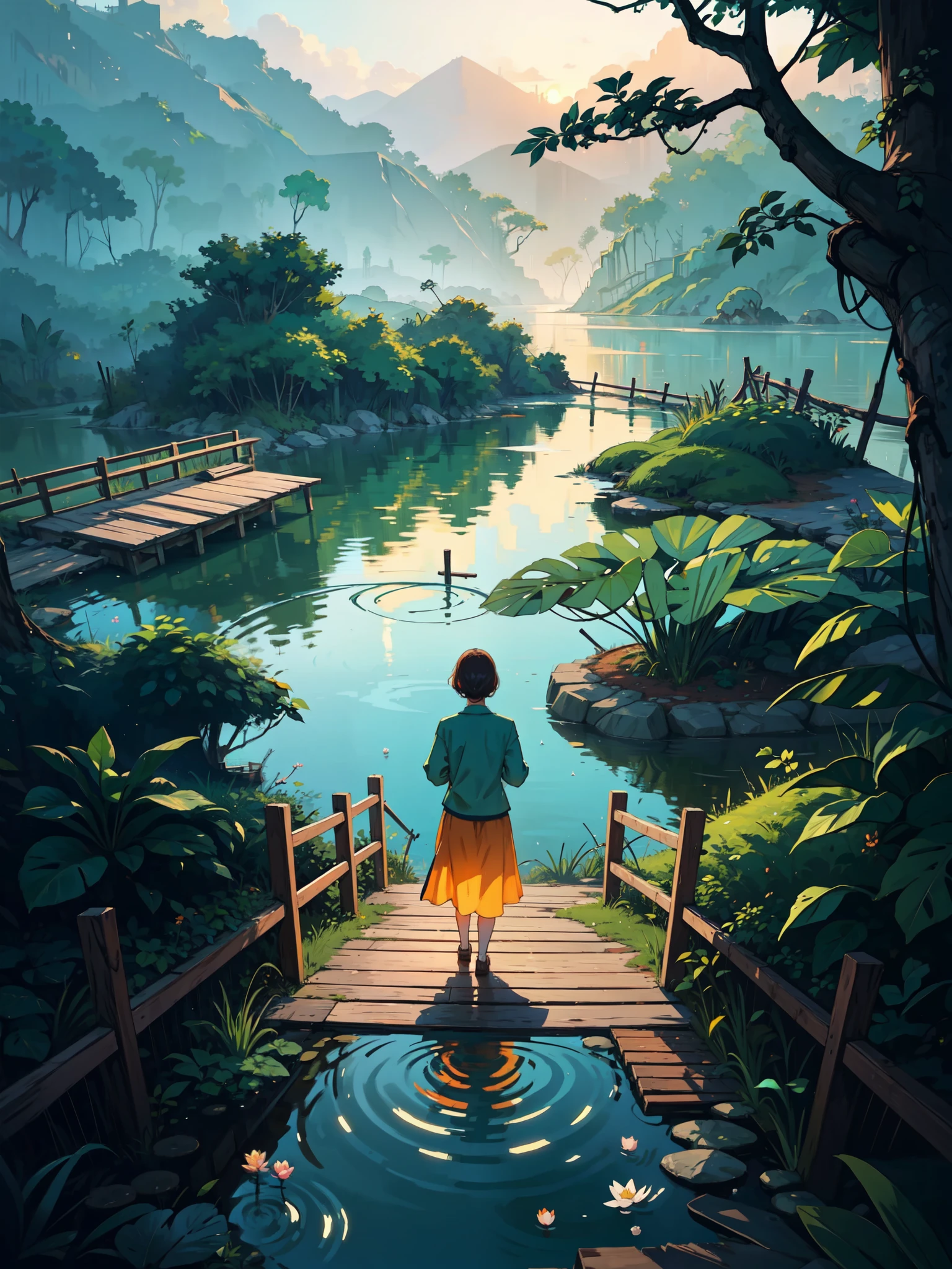 (masterpiece:1), (top view:1.7), (serene pond outside around wooden path with fencing in jungle:1.6), (lo-fi color palette:1.3), (wooden fenching:1.4), (dense forest:1.3), silence, (cloudy sky:1.4), (soft dull glow of green and orange tones:1.6), magnificent sky, (Dim volumetric light:1.2), peaceful, (big sakura tree:1.4), (misty fog:1.3), (windy:1.3), (crystal clear turquoise water:1.4), (beautiful aesthetics:1.2), (mossy pebbles in pond:1.4), beautiful tones, subtle colors, peaceful, (illustration: 1.0), epic composition, realistic lighting, HD details, masterpiece, best quality, ,