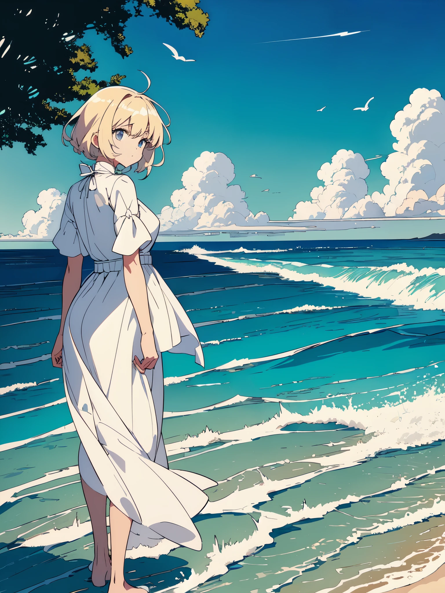 (masterpiece, high quality, beautiful graphics, high detail),(One girl walking on the sandy beach,Blonde medium hair、Short-sleeved white one-piece long skirt)、(Shining eyes)、両腕をnullに向かって広げている、(Large white wings grow on the girl's back.), (null), (cloud), soft lighting, pretty background, beautiful scenery, spectacular scenery, Ocean岸, 夏null, 飛行機cloud, (warm midsummer sunshine、Ocean、青null、Daytime brightness)、beautiful anime