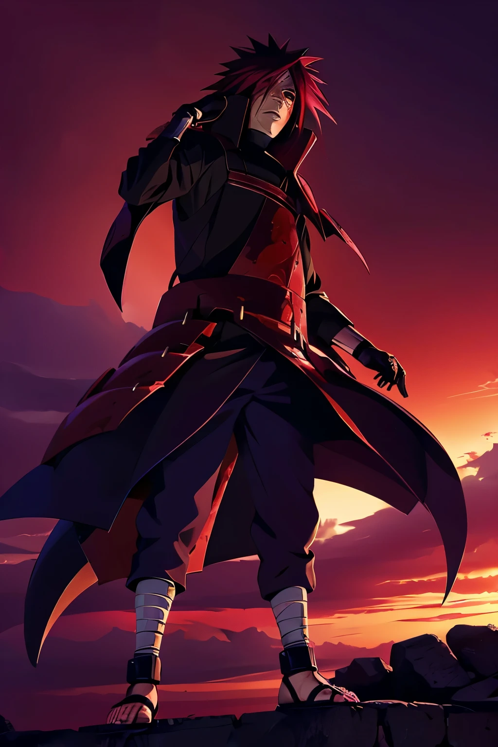Madara Uchiha, a picture from the front, showing his entire body standing tall and unconcerned, with the war unfolding before him.