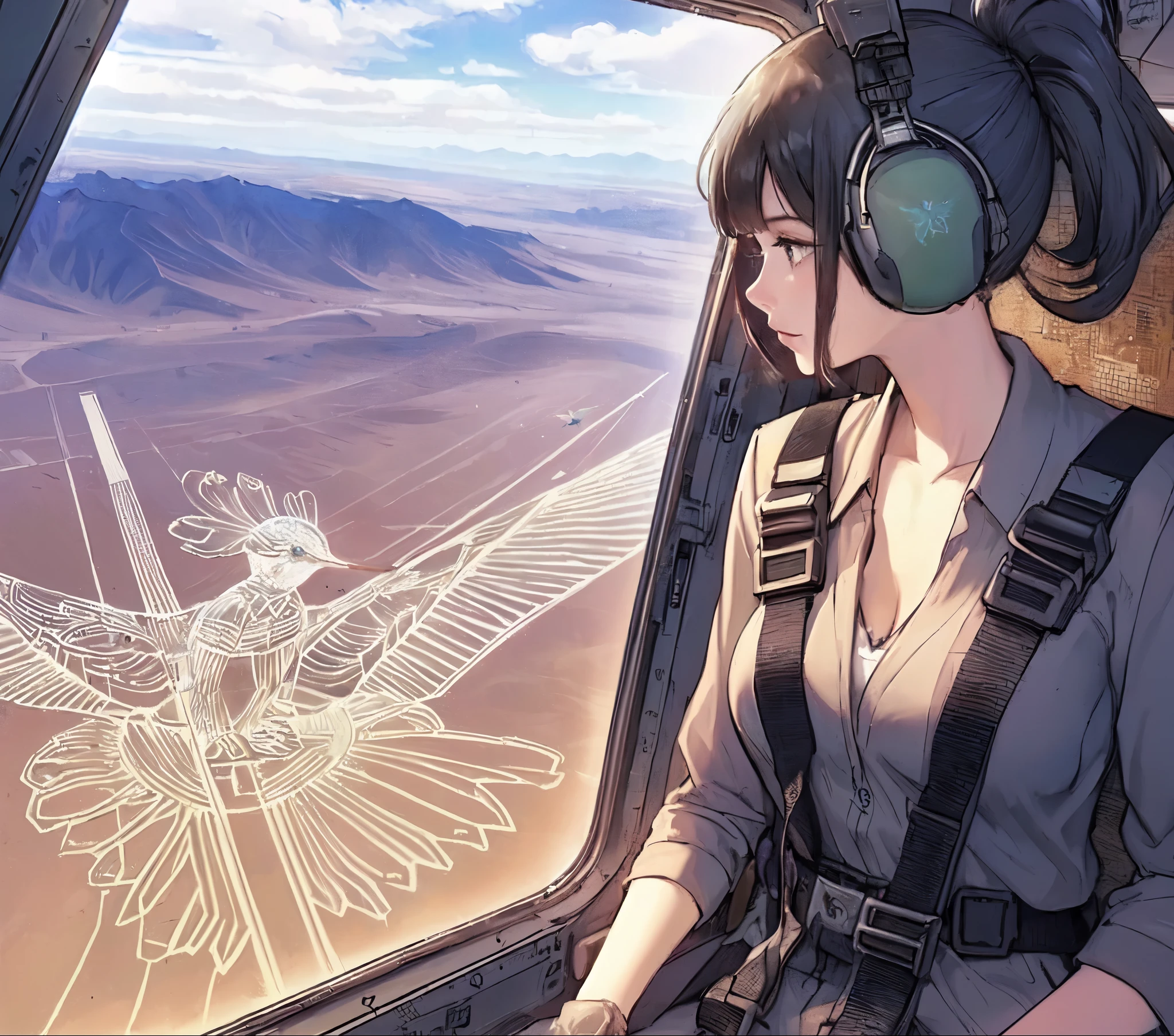 1lady solo, profile, sitting, (from side), (from above), (looking down at ground painting), (stylish calm outfit), mature female, /(black hair/) bangs, (headphone), (light smile:0.6), (masterpiece best quality:1.2) delicate illustration ultra-detailed, large breasts, (wearing seatbelt) BREAK ((Geoglyph of hummingbird:1.2) spread out below), (geometric pattern) (simple lines), (Nazca Lines:1.2) BREAK (helicopter seat) indoors, window, (Geoglyph), desert, detailed background