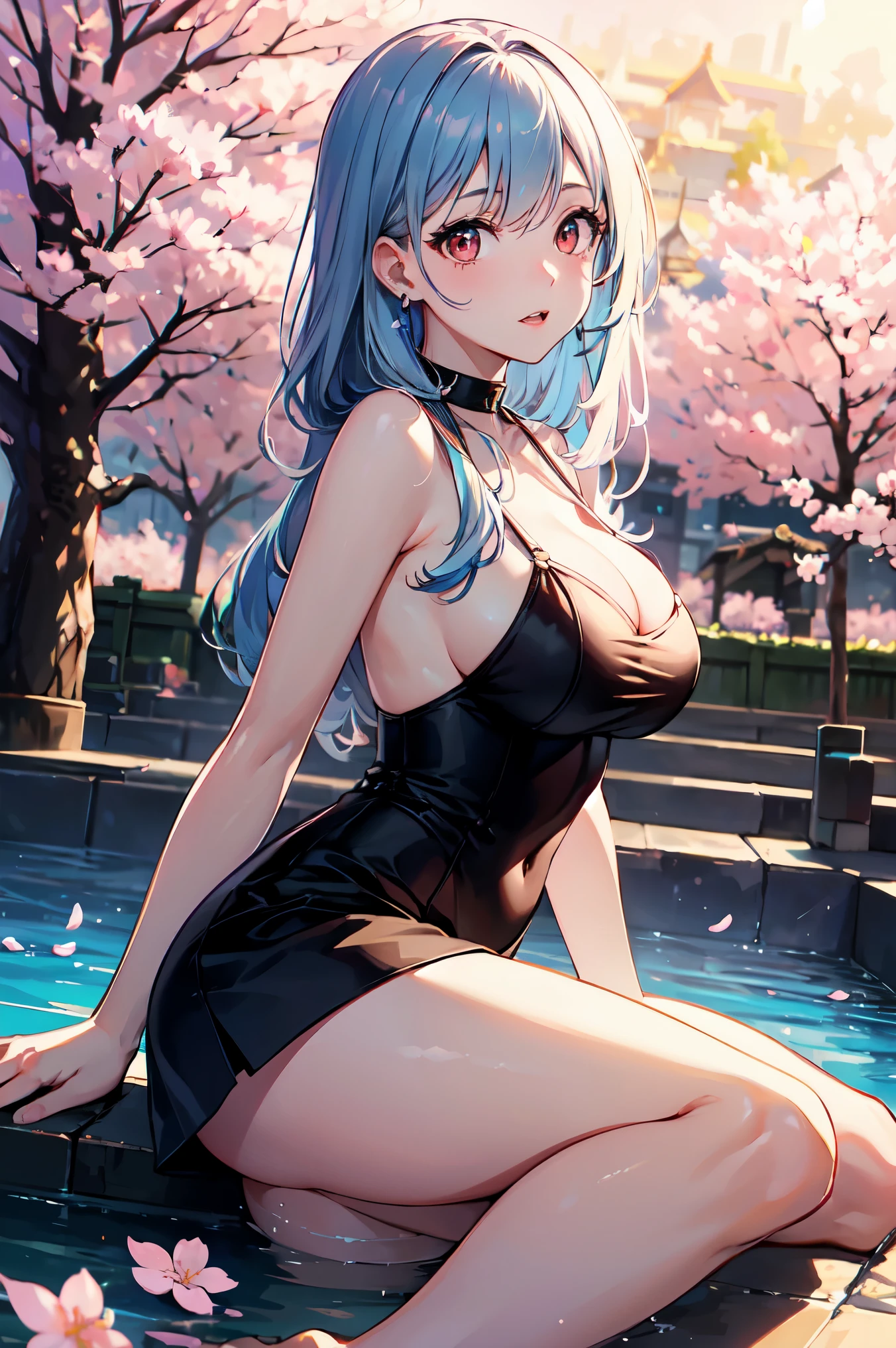 1 female、whole body、bottom angle、brown hair、long hair、well-groomed face、silver hair and blue hair 1:3、dense lips、red eyes、blue one piece、beautiful breasts、slim、mini skirt、cherry blossoms、cherry blossoms吹雪、petal、hot spring town、sunset、masterpiece、ultra high resolution、delicate、perfect lighting、sunlight、16K
