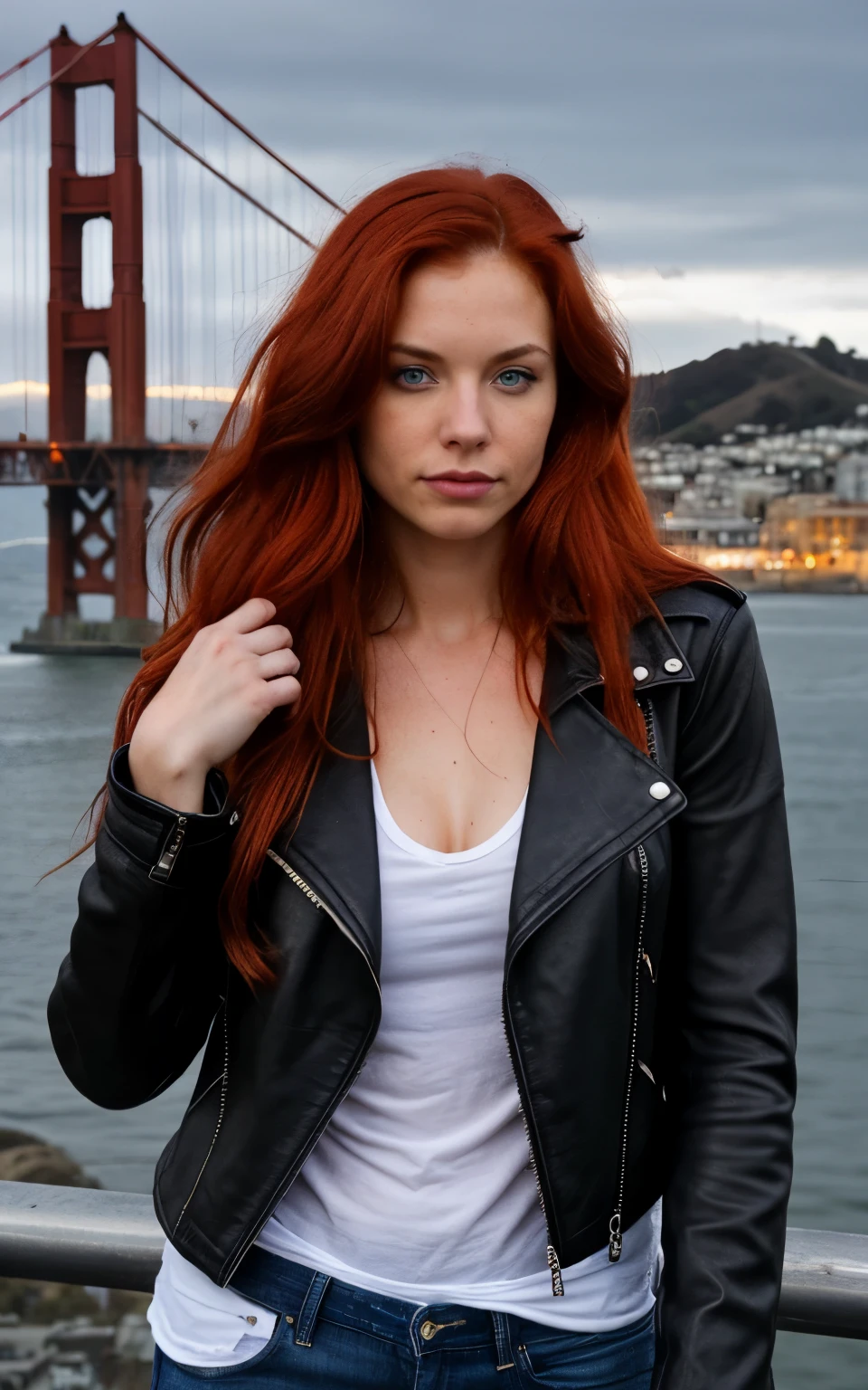 a photo of a seductive woman with loose styled (redhead hair:1.1), bored, she is wearing a hoodie and black leather jacket, mascara, (textured skin, skin pores:1.1), (moles:0.8), imperfect skin, goosebumps, flawless face, (light freckles:0.9), (sun-kissed:1.1), ((photorealistic):1.1), (raw, 8k:1.3),