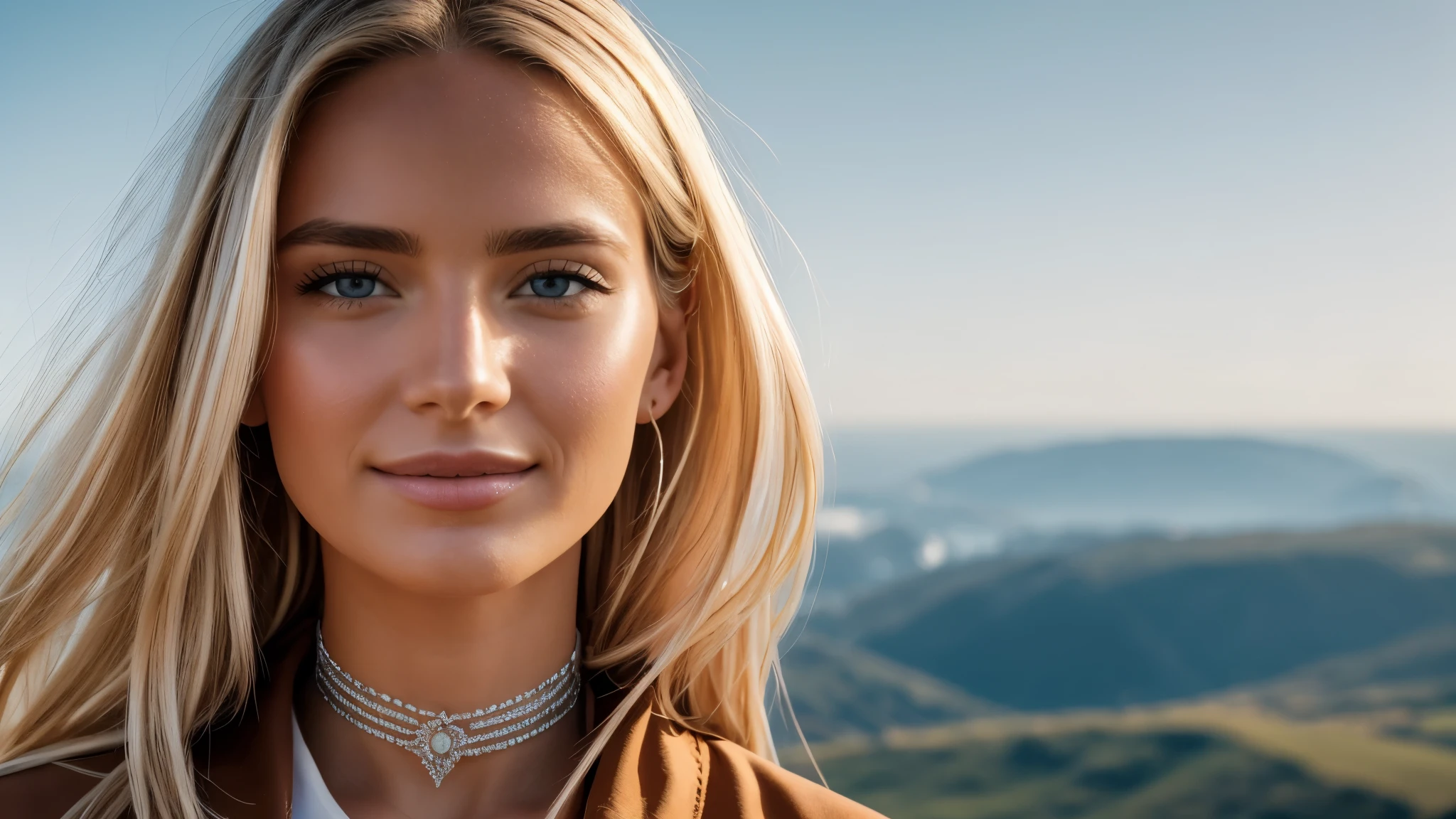 Hyper-realistic and detailed shot of a blonde woman, choker, .souriante de 25 ans portant un long manteau et une mini jupe. outside. Le soleil brille. Des yeux parfaitaquillage des yeux:1.1), (seins parfaits), (Highly detailed skin:1.1), ......RAW, style analogique, mise au point nette, 8K UHD, DSLR, High quality, Fujifilm XT3, grain, award winning, Masterpiece, Objectif 50mm, corps entier