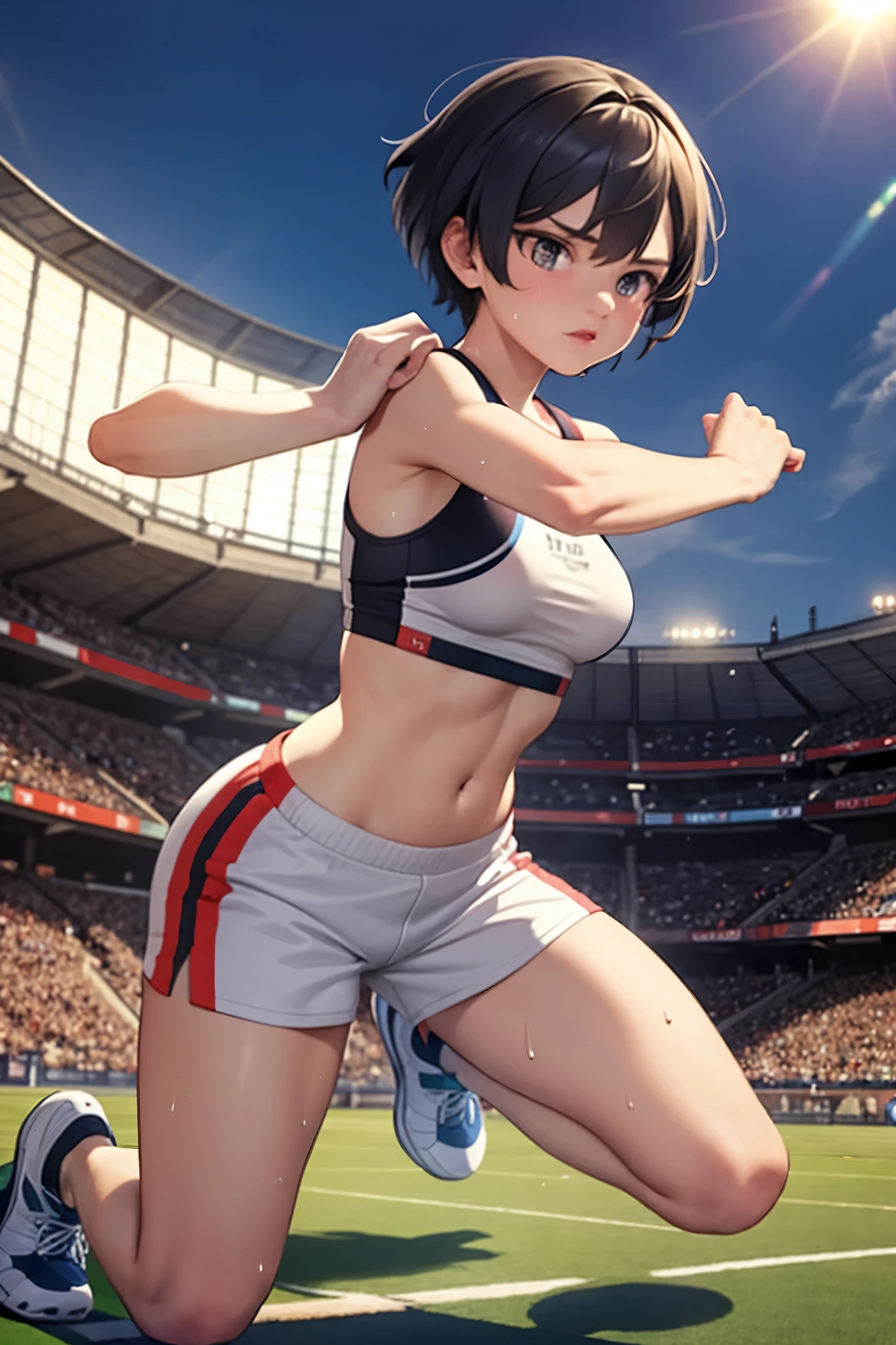 Athletic figure in motion,dynamic pose, realistic textures, top-quality sportswear, sweat drops, vigorous muscles, Ultra-detailed CG Unity 8k wallpaper, high resolution, Physically-based rendering, ultra-detailed, sporting equipment nearby, professional lighting, best light, Stadium or track background. Slim face, determined expression, short hair, sun-kissed skin, sporting a jersey or shorts, sweatpants, trainer shoes. Masterpiece, realistic, pure background, beautiful, elegant, ultra-fine details, masterpieces, ultra-realistic, 8k, HD, highly detailed CG Unity 8k wallpaper, fin