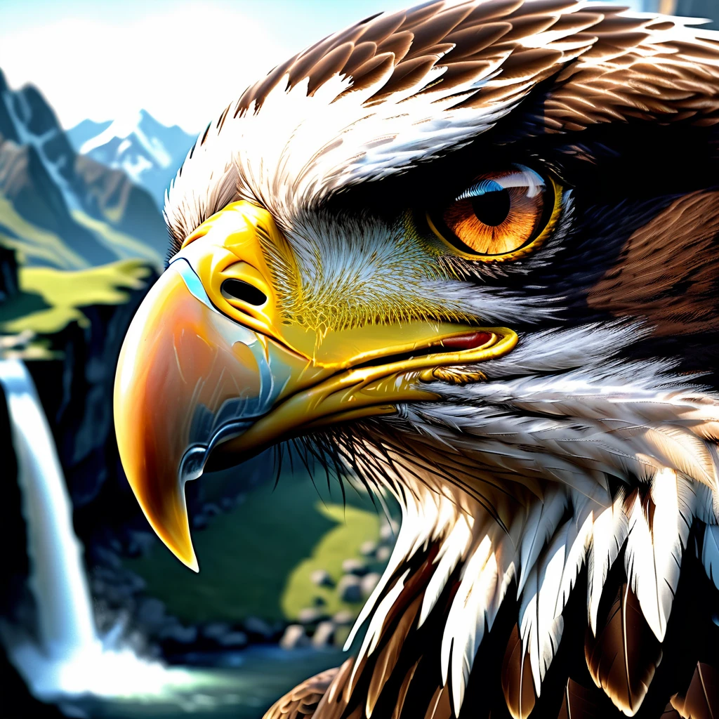 Fantasy hyperrealism digital art cReflective art. Close-up of the eyes of a flying eagle. The mountains and the waterfall are reflected in the eagle's eye. Focus on the reflection of the mountain landscape in the eye of a flying eagle. Hyperrealistic reflection. Hyperdetalization. 32k., dominating ArtStation trends, crafted in an 8k photorealistic style, wrapped in soft, naturally volumetric cinematic lighting., ultra-clear digital render., visuals at a stunning 8K, blending photorealistic concept art with the refined illumination of soft, cinematic composition, masterpiece-level oil painting, ultra-detailed, high contrast shadows emphasizing the grave markers, evoking the film's classic cinematography. High Resolution, High Quality, Masterpiece.best quality, masterpiece, super detail