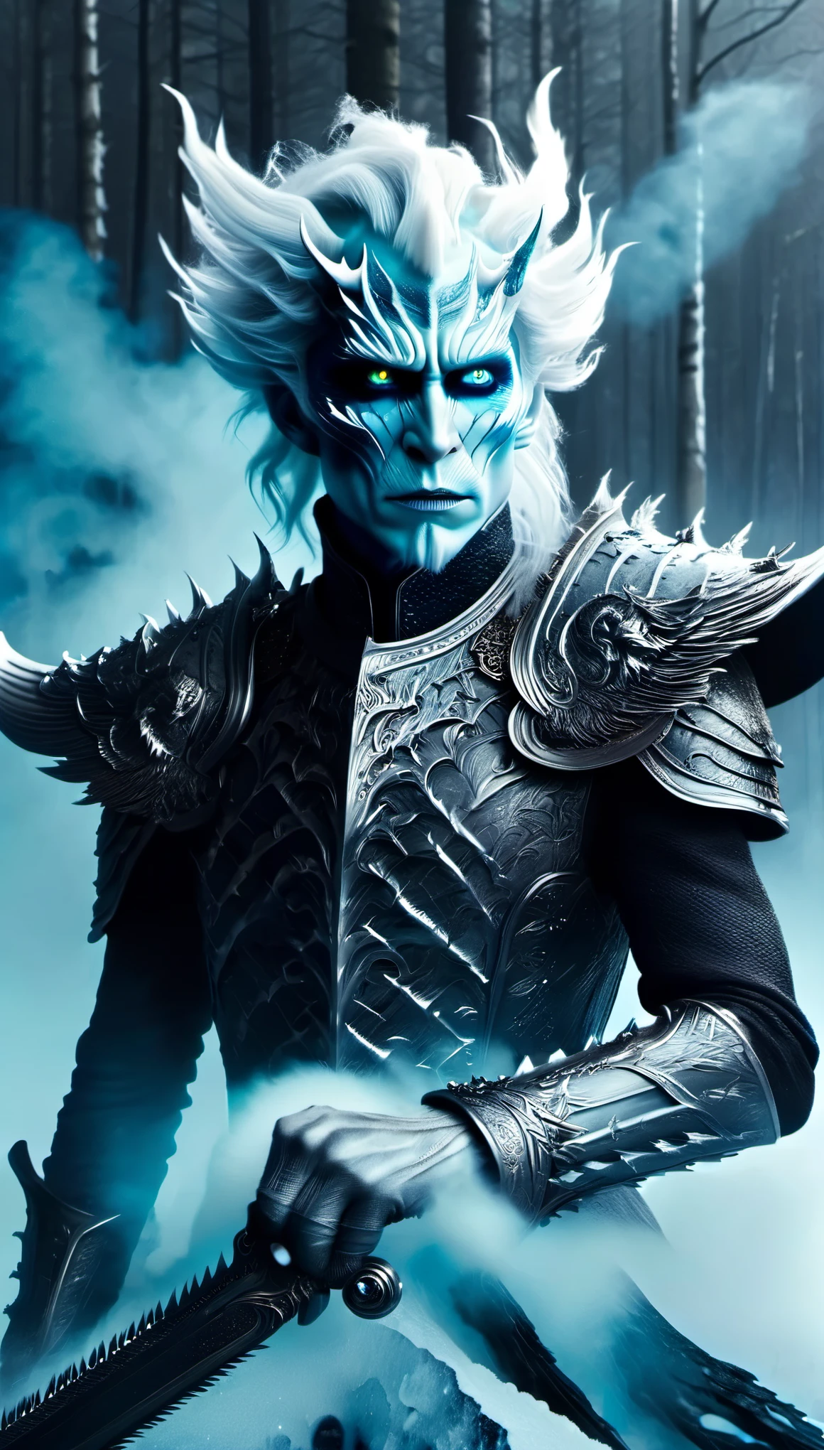 aerial photography,role conception,portrait,The appearance of the Night King is full of mystery、Cold and strong sense of power,The appearance of the Night King is very unique。His face is like a withered bone,Gives people a dead and cold feeling。His figure is like a long sword,Tall and straight,Revealing a kind of majesty and strength。His skin is whiter than milk,In stark contrast to his overall image。(all black horse:0.65) The Night King's eyes are deep blue,Burning coldly like black ice,It gives an unfathomable feeling。There was a kind of coldness and cruelty in his eyes,suddenly white as fresh snow,Suddenly dark as a long night,Like the ever-changing night sky。The body is dotted with the deep gray green of the foreseems to be telling his mystery and power。 The weapon in the Night King's hand emits a strange faint blue light,A light that seems to shine in the darkness。In a fight,His weapons make sounds like animal wails that exceed the limits of human hearing.,It's scary。When the Night King Meets His Nemesis Dragonglass,He will bleed blue blood,This is one of his unique physical characteristics。