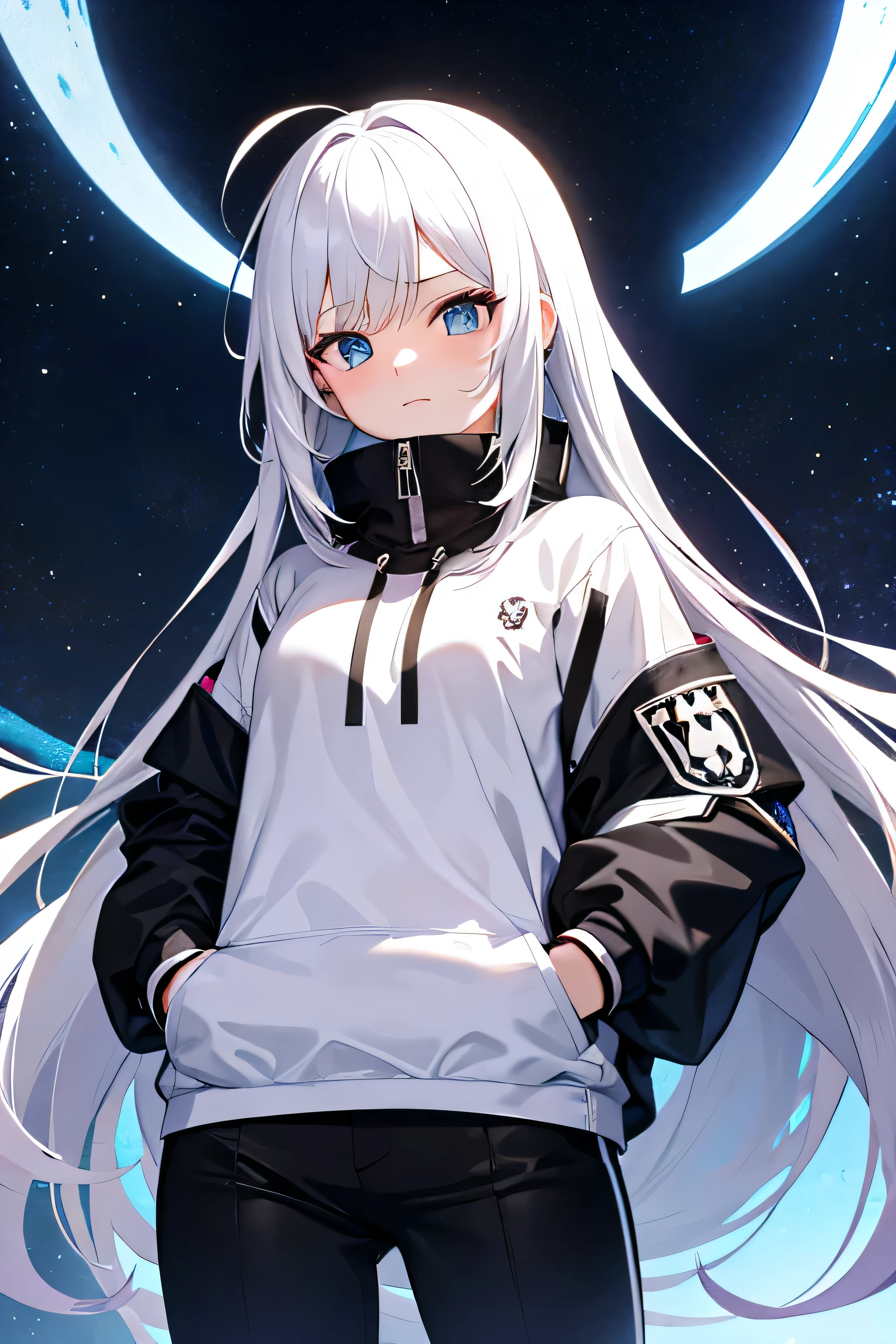 anime, Retrato da cintura para cima, cabelo branco, moletom prateado com "Black Reunion Company" logo, hands in pockets