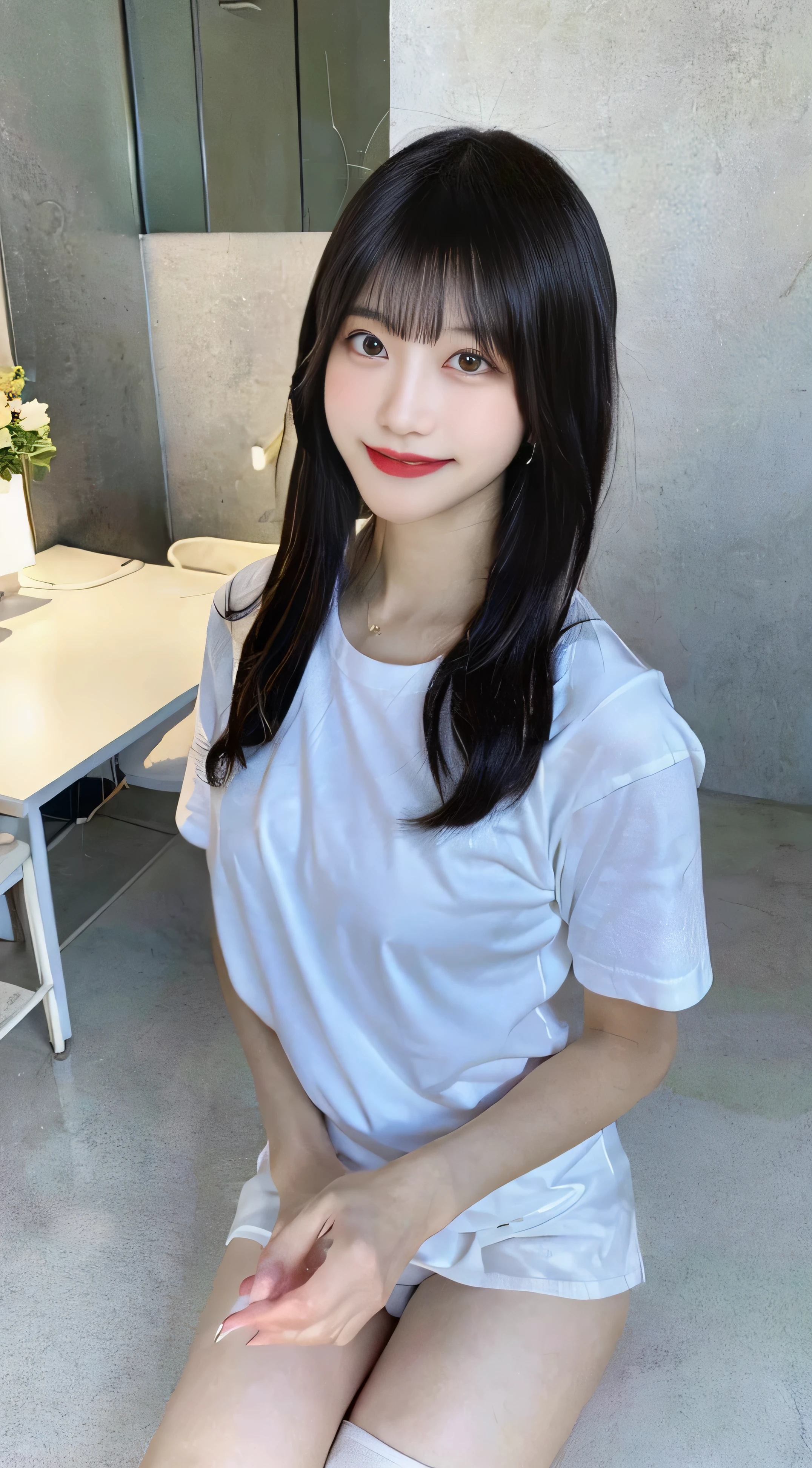 (highest quality,8K quality,masterpiece:1.3),(ultra high resolution,Photoreal:1.4,RAW photo),(Super detailed,caustics,detailed background),(ultra-realistic capture,Fine and beautiful skin,perfect anatomy), beautiful eyes, . double, Clean city,18-year-old,cute,Black Long, white short sleeve t-shirt,looking at camera,laughter,full body shot,natural soft light, smile, white teeth, perverted woman,, white thighs, beautiful feet, big breasts