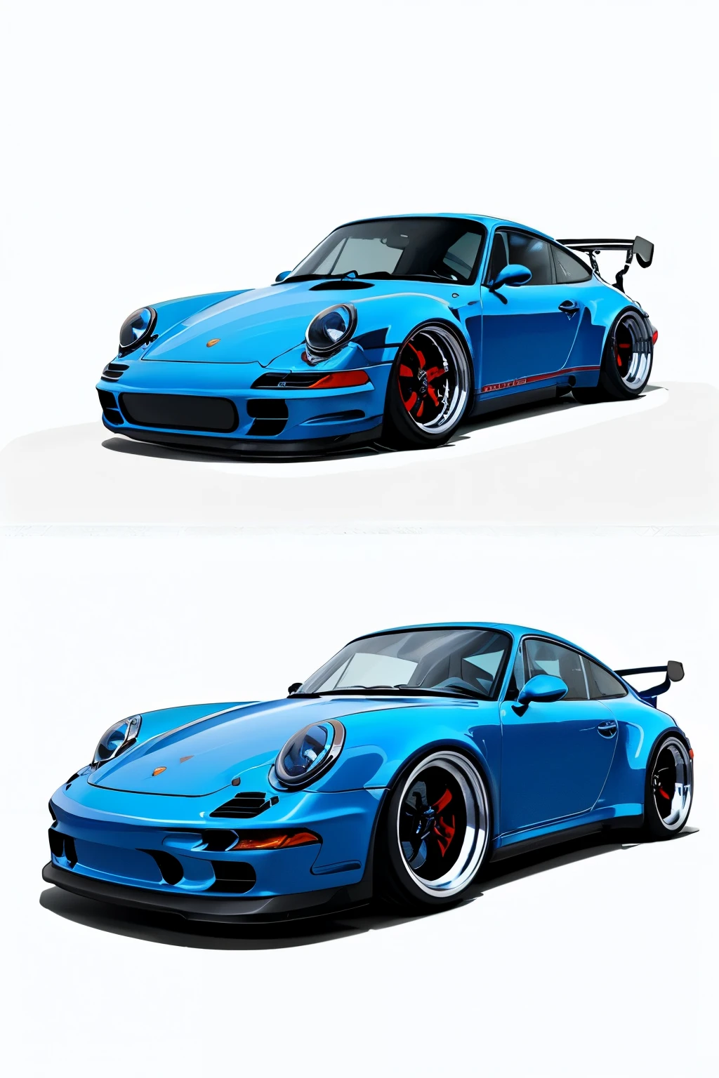 Shiny blue Porsche 911 rwb, hot- rod cartoon style drawling, sketch, detailed illustration, large wheels, wide bodykit