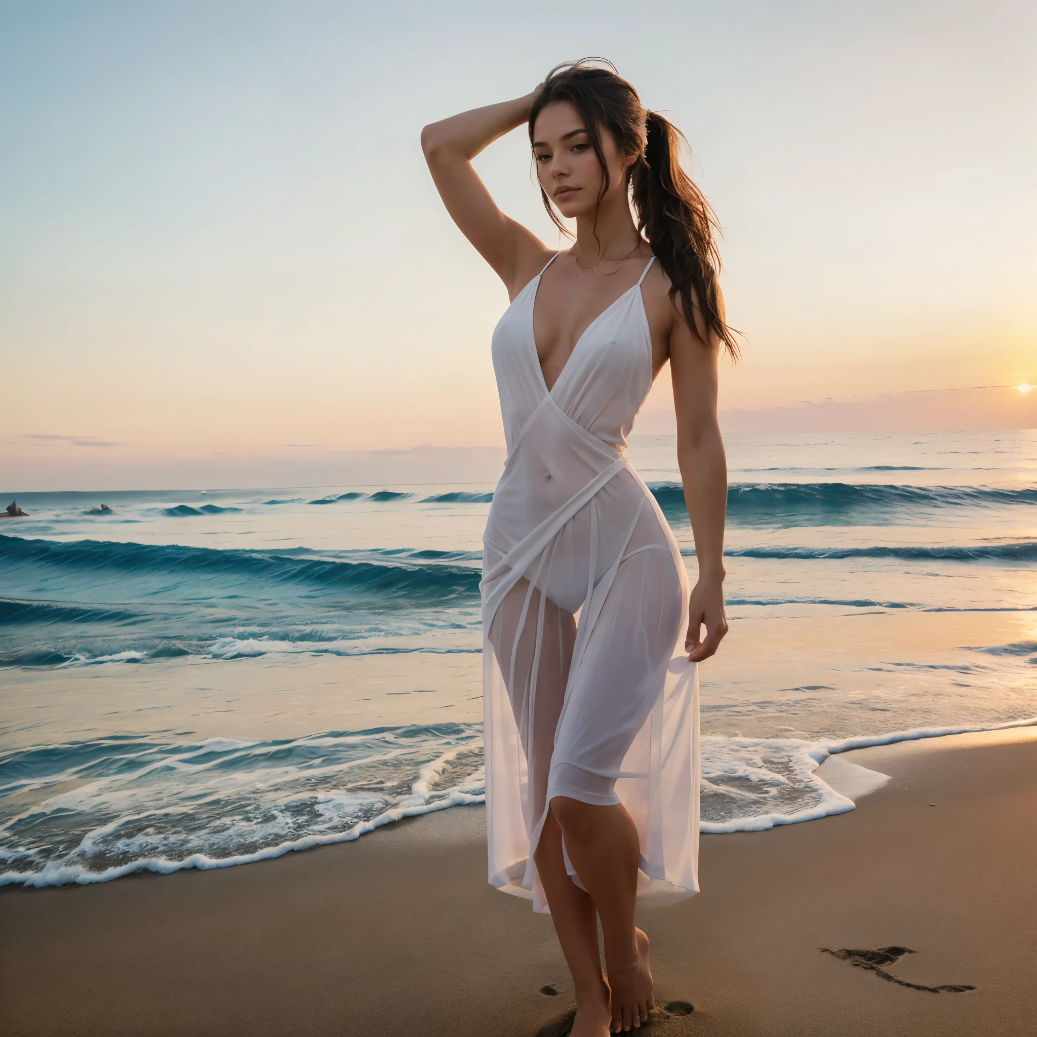 Sally-Anne, A Photograph of a serene beach at sunset, pastel hues caress a figure in a white long see-through dress with an opening on one leg all the way to the hip, embodying tranquility and freedom., Mysterious, model body, in Malibu beach, California beach, beautiful brunette girl, super detailed, photorealistic, photo, pony tail on top of the head, swimming in the ocean