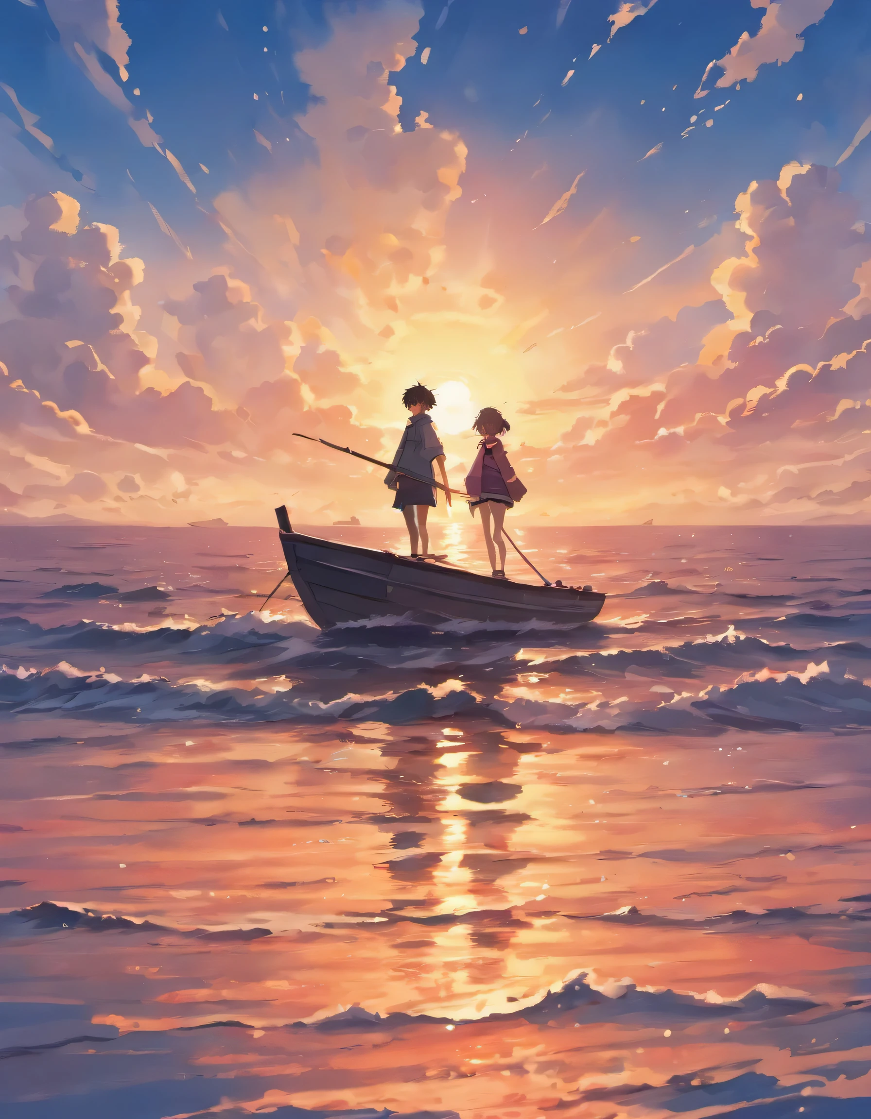 drawing panoramic view with boats and sunset colors and camouflaged sea with horizon full of clouds