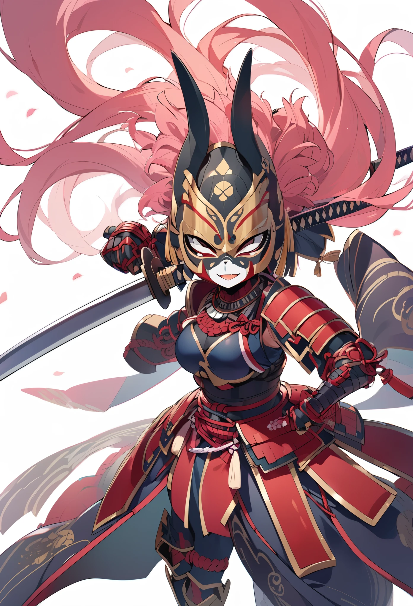 Girl, hanya masked, pink messy hair, full figures samurai armor, samurai helmet, hold katana, white background