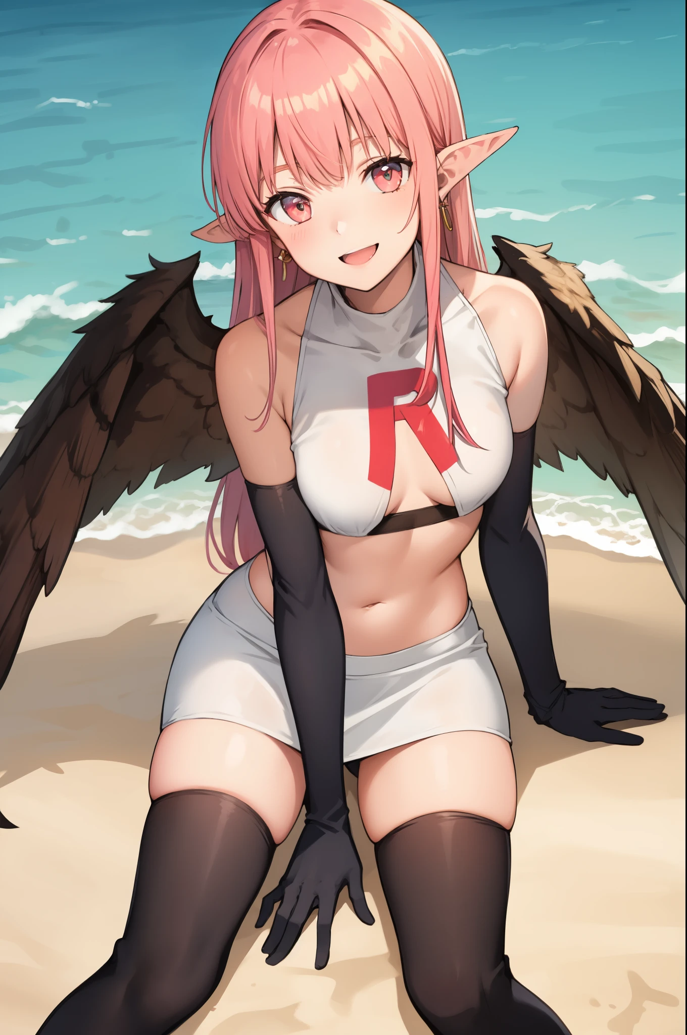 best quality, (artwork:1.2), highly detailed, pointy_ears, pink_hair, head_wings, wings, bangs, feathered_wings, long_hair, jewelry, smile, breasts, small_breasts, , team rocket ,team rocket uniform,white skirt,red letter R,top cut,black socks,black elbow gloves, in a beach, sunset beach
