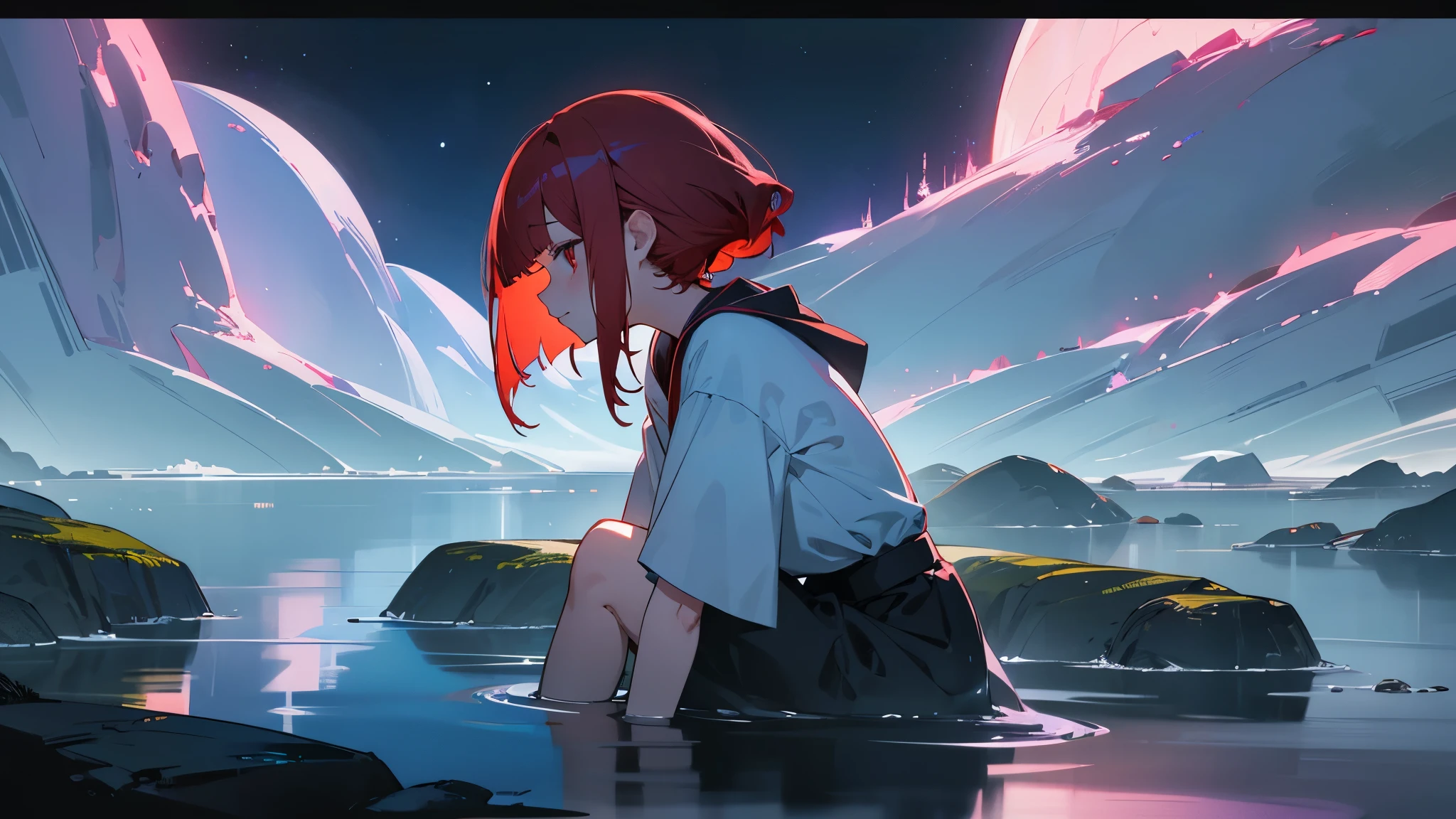 night、 one cute girl、profile、Red hair、red eye、bob、bangs, cute hair ornament, 4K、Make the girl's face cute and clear, hot spring, no clothes, wrap a towel, highest quality、anime style、masterpiece、((beautiful girl)) 4K 8K:: realistic, Lonely, lonely, spectacular scenery, Lofi, cosmic horror feeling, lovecraft feel, anatomically correct, Visually correct, spectacular scenery, Town lights, 1 girl, spectacular scenery