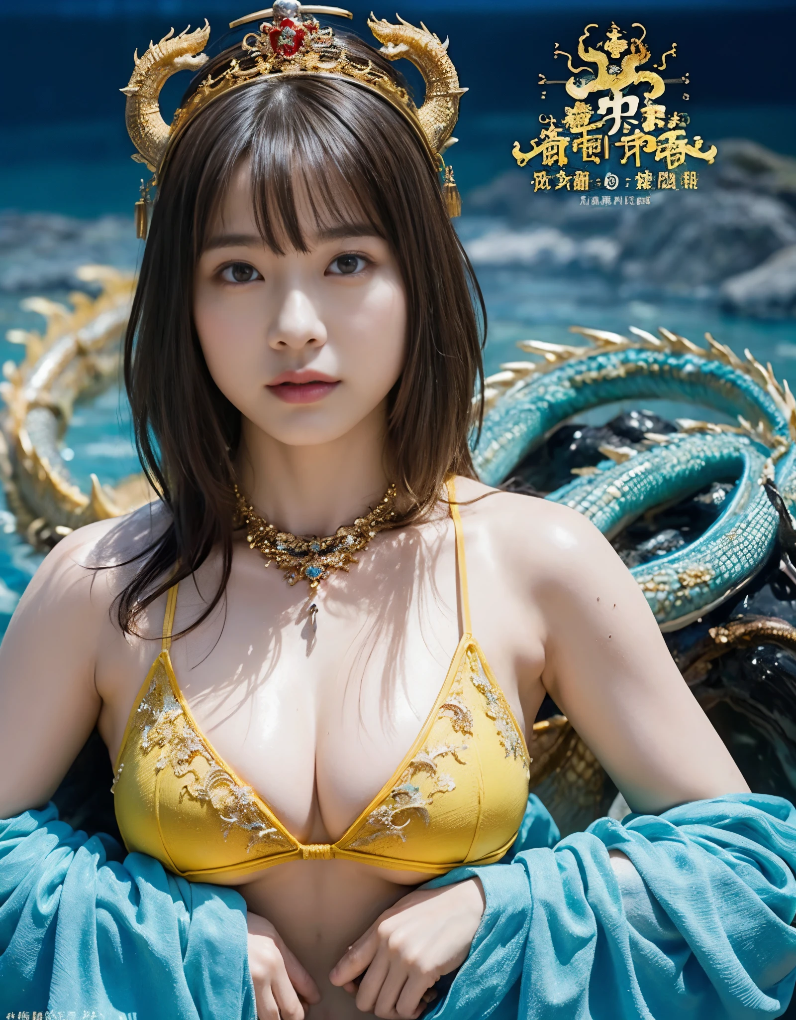 (very heavy chest)、highest quality、masterpiece、ultra high resolution、(ice dragon armor)、(((Metal製))),(((big breasts)))、(((Yellow Micro Bikini))),(she wears a beautiful crown made of precious stones.),(Photoreal:1.4)、RAW photo、1 girl、(((random hair))、(((color々take a pose)))、glowing skin、(((water chinese dragon)))、intricate and gorgeous hair ornaments、(looks like a gorgeous necklace)、(someone who looks at you calmly, Eyes like a goddess.)happiness:1.2).((beautiful sea background))、cliff、(ruins background)、((Ultra realistic details))、portrait、global illumination、(sexy pose)、Shadow、octane rendering、16k、big breasts、Raw skin exposed in the cleavage、Metal、intricate decorative details、Japan details、very intricate details、realistic light、CG Society Trenlow Eyes、Eyes shining towards the camera、()、(((heavy big))),Shining eyes shine、armpit、24k,Ice Effect、It's snowing、
