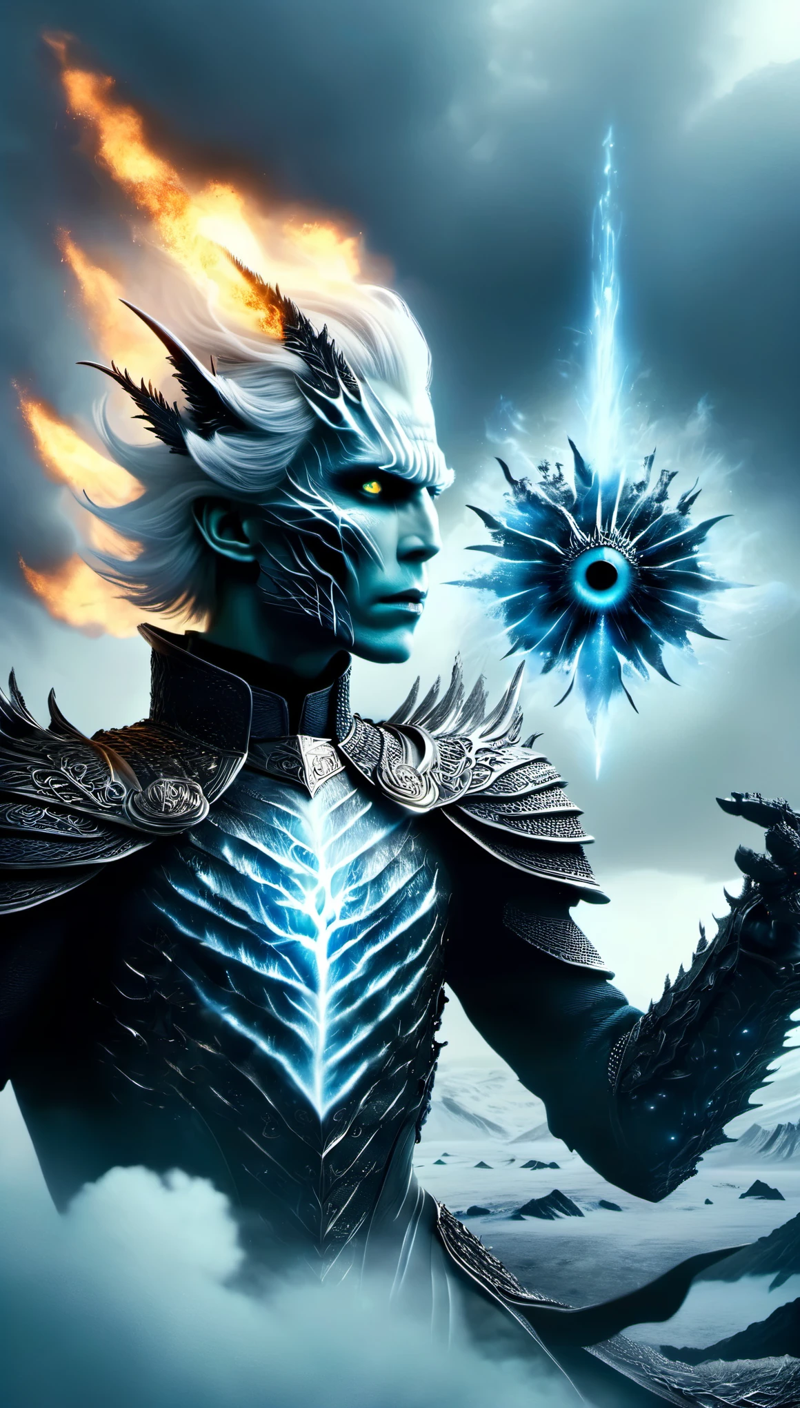 aerial photography,role conception,portrait,The appearance of the Night King is full of mystery、Cold and strong sense of power,The appearance of the Night King is very unique。His face is like a withered bone,Gives people a dead and cold feeling。His figure is like a long sword,Tall and straight,Revealing a kind of majesty and strength。His skin is whiter than milk,In stark contrast to his overall image。(all black horse:0.65) The Night King's eyes are deep blue,Burning coldly like black ice,It gives an unfathomable feeling。There was a kind of coldness and cruelty in his eyes,suddenly white as fresh snow,Suddenly dark as a long night,Like the ever-changing night sky。The body is dotted with the deep gray green of the foreseems to be telling his mystery and power。 The weapon in the Night King's hand emits a strange faint blue light,A light that seems to shine in the darkness。In a fight,His weapons make sounds like animal wails that exceed the limits of human hearing.,It's scary。When the Night King Meets His Nemesis Dragonglass,He will bleed blue blood,This is one of his unique physical characteristics。