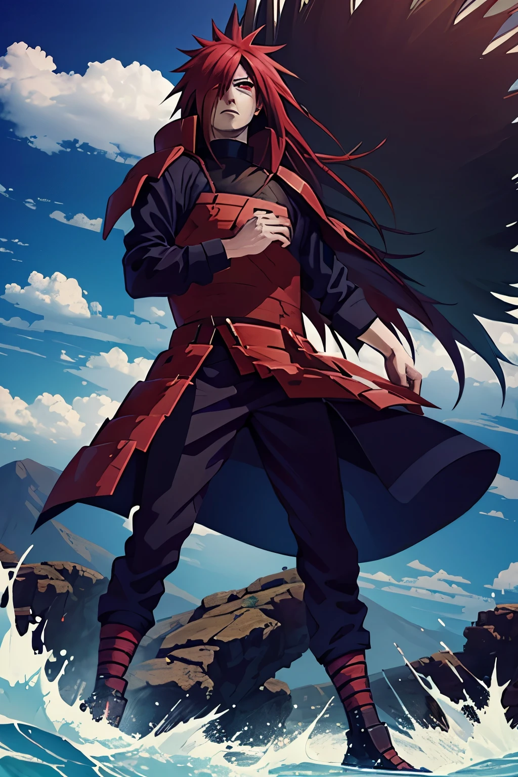 Madara Uchiha, a picture from the front, showing his entire body standing tall and unconcerned, with the war unfolding before him.