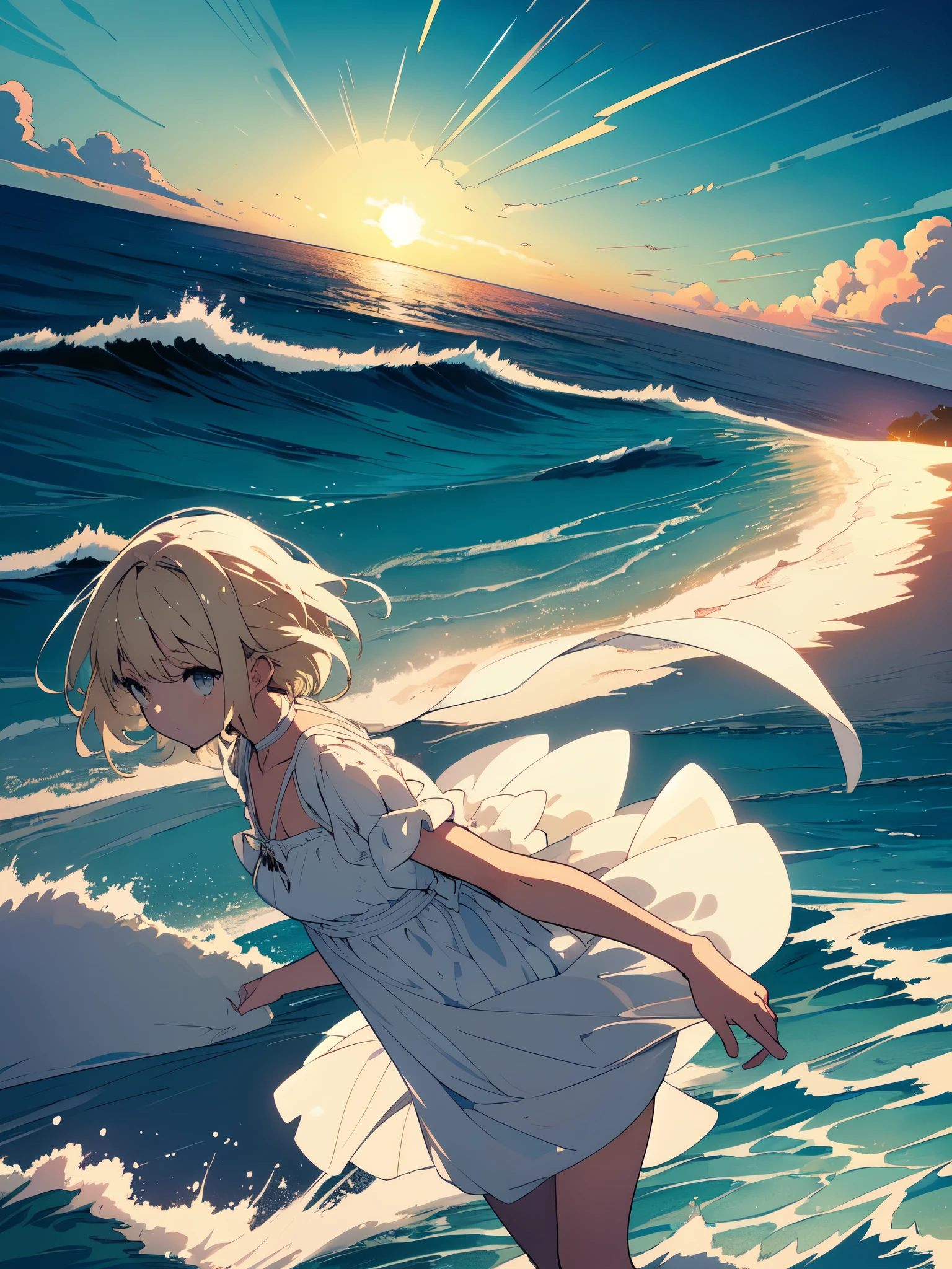 (masterpiece, high quality, beautiful graphics, high detail、detailed face),(One cute girl walking on the sandy beach,Blonde medium hair、Short-sleeved white one-piece long skirt)、(Shining eyes)、両腕をnullに向かって広げている、(Large white wings grow on the girl's back.), (null), (cloud), soft lighting, pretty background, beautiful scenery, spectacular scenery, Ocean岸, (夏null), (飛行機cloud), (warm midsummer sunshine、Ocean、青null、Daytime brightness)、beautiful anime
