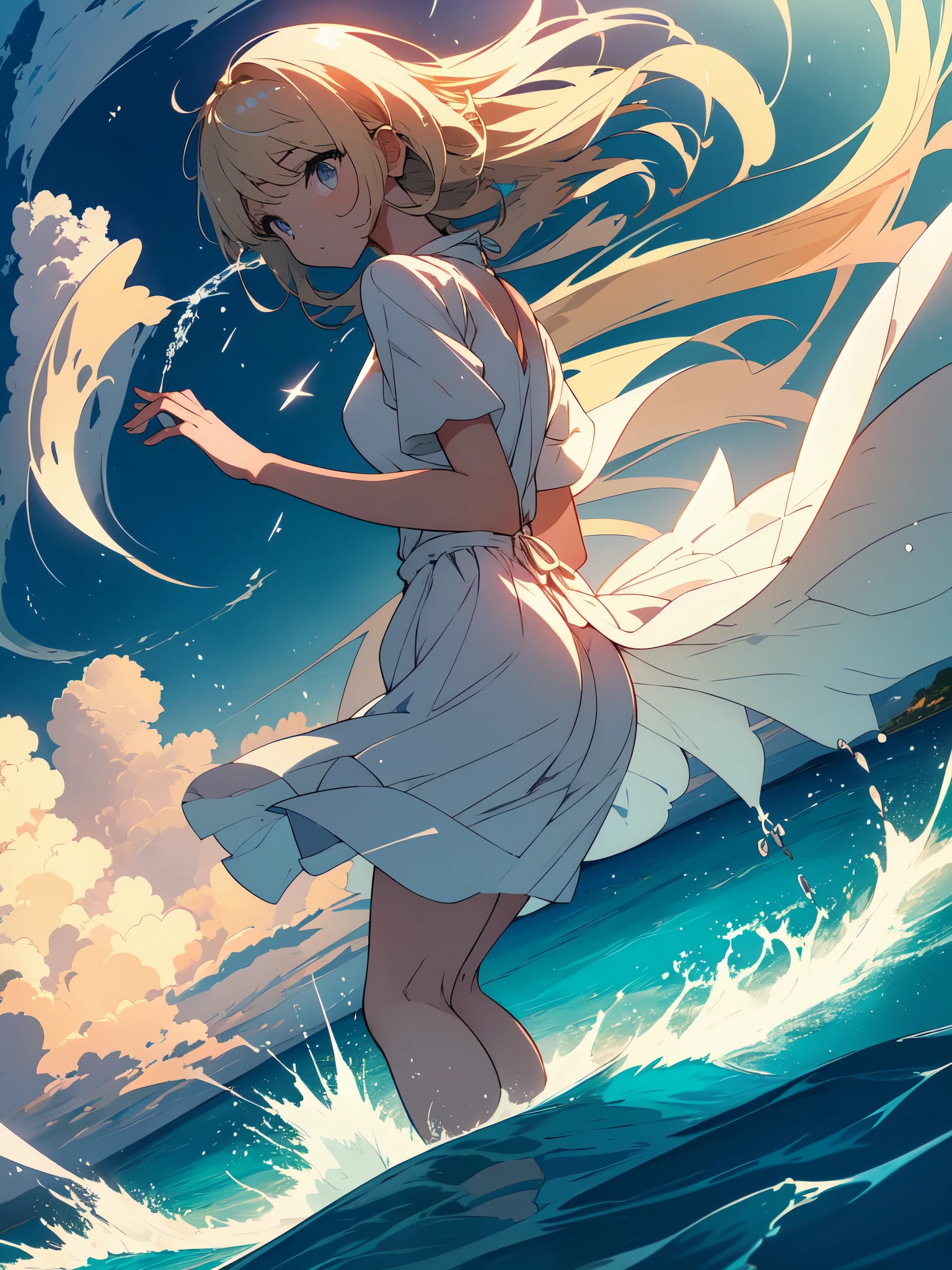(masterpiece, high quality, beautiful graphics, high detail、detailed face),(One cute girl walking on the sandy beach,Blonde medium hair、Short-sleeved white one-piece long skirt)、(Shining eyes)、両腕をnullに向かって広げている、(Large white wings grow on the girl's back.), (null), (cloud), soft lighting, pretty background, beautiful scenery, spectacular scenery, Ocean岸, (夏null), (飛行機cloud), (warm midsummer sunshine、Ocean、青null、Daytime brightness)、beautiful anime