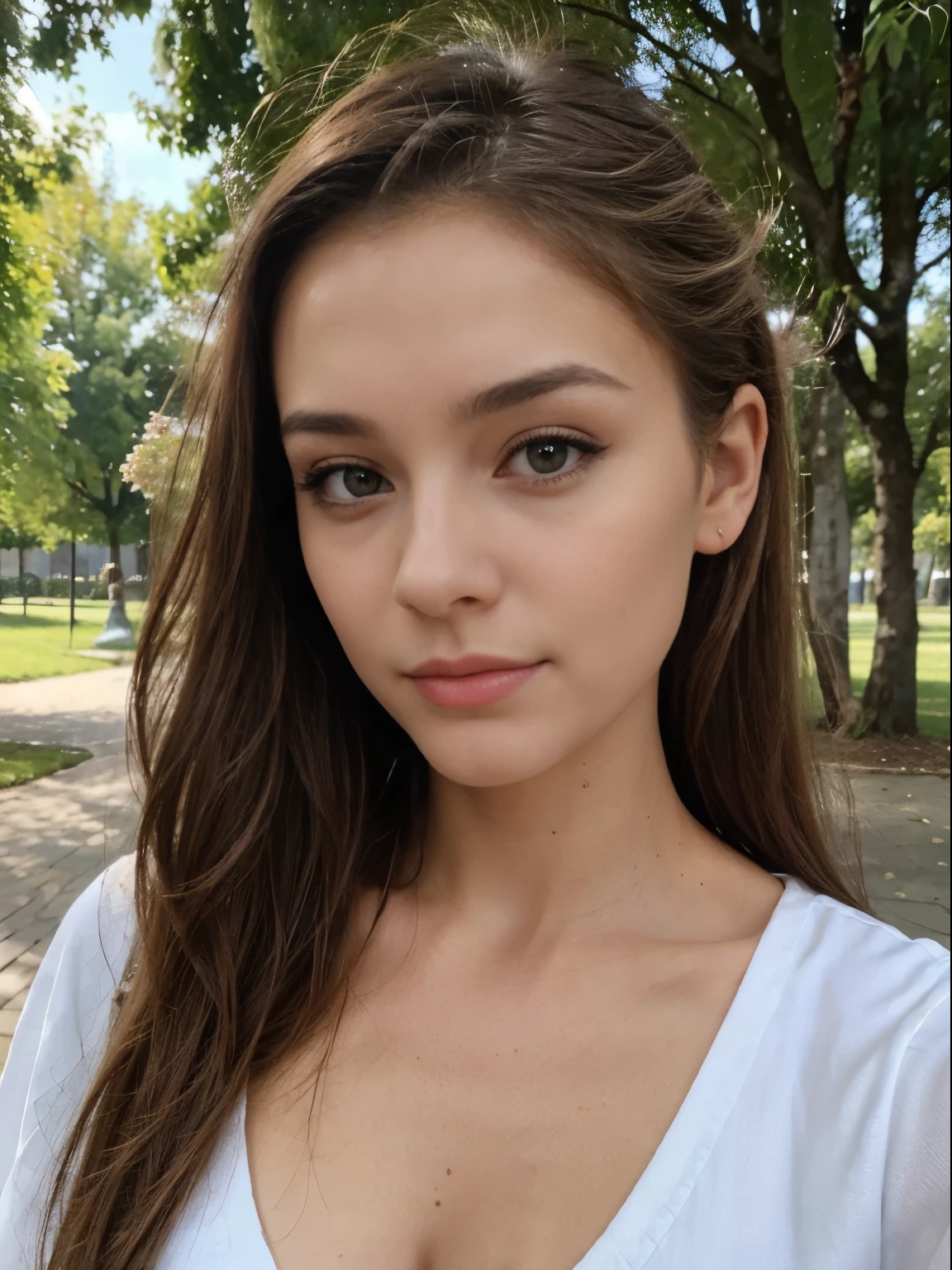Photo d'une femme brune de 20 ans, qui a un visage très naturel, Thin lips, yeux fins, sourcils fins, nez fin, Des boucles d'oreilles, Long cils. Elle fait un joli selfie au parc