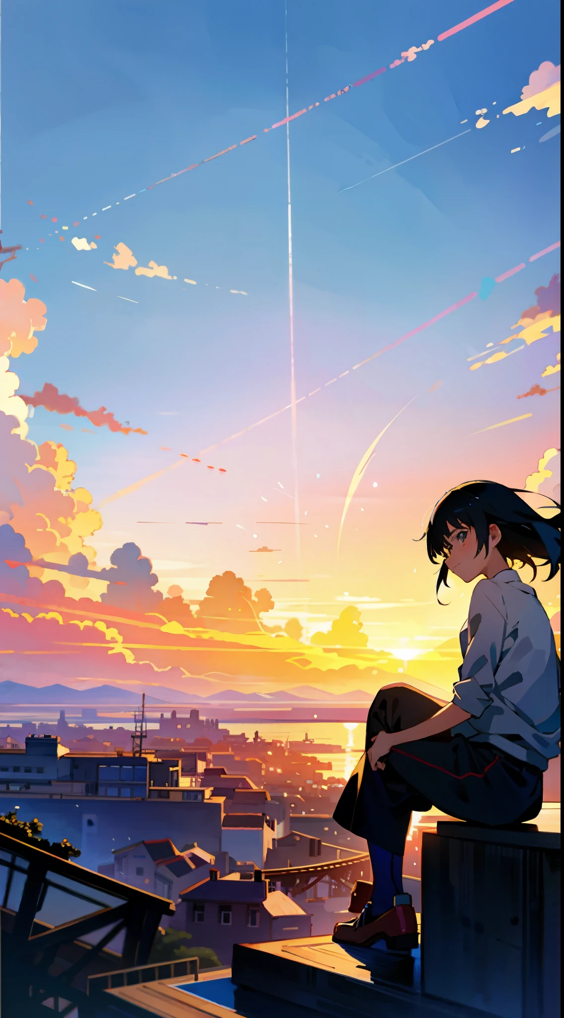 (best quality, 4k, 8k, highres, masterpiece:1.2), ultra-detailed, (anime: 1.2), Girl sitting on a ledge looking out at the sunset, makoto shinkai cyril rolando, atey ghailan 8 k, emotional concept art, guweiz and makoto shinkai, anime art wallpaper 8 k, a beautiful artwork illustration, 4k highly detailed digital art, anime art wallpaper 4k, anime art wallpaper 4 k, 4 k hd